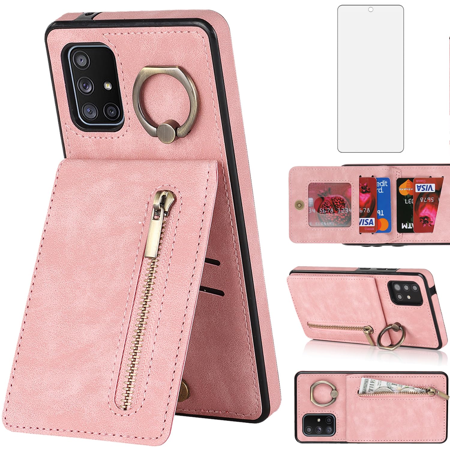 Asuwish Phone Case for Samsung Galaxy A51 5G/A 51 5G UW Verizon Wallet Cover with Tempered Glass Screen Protector and RFID Card Holder Ring Stand