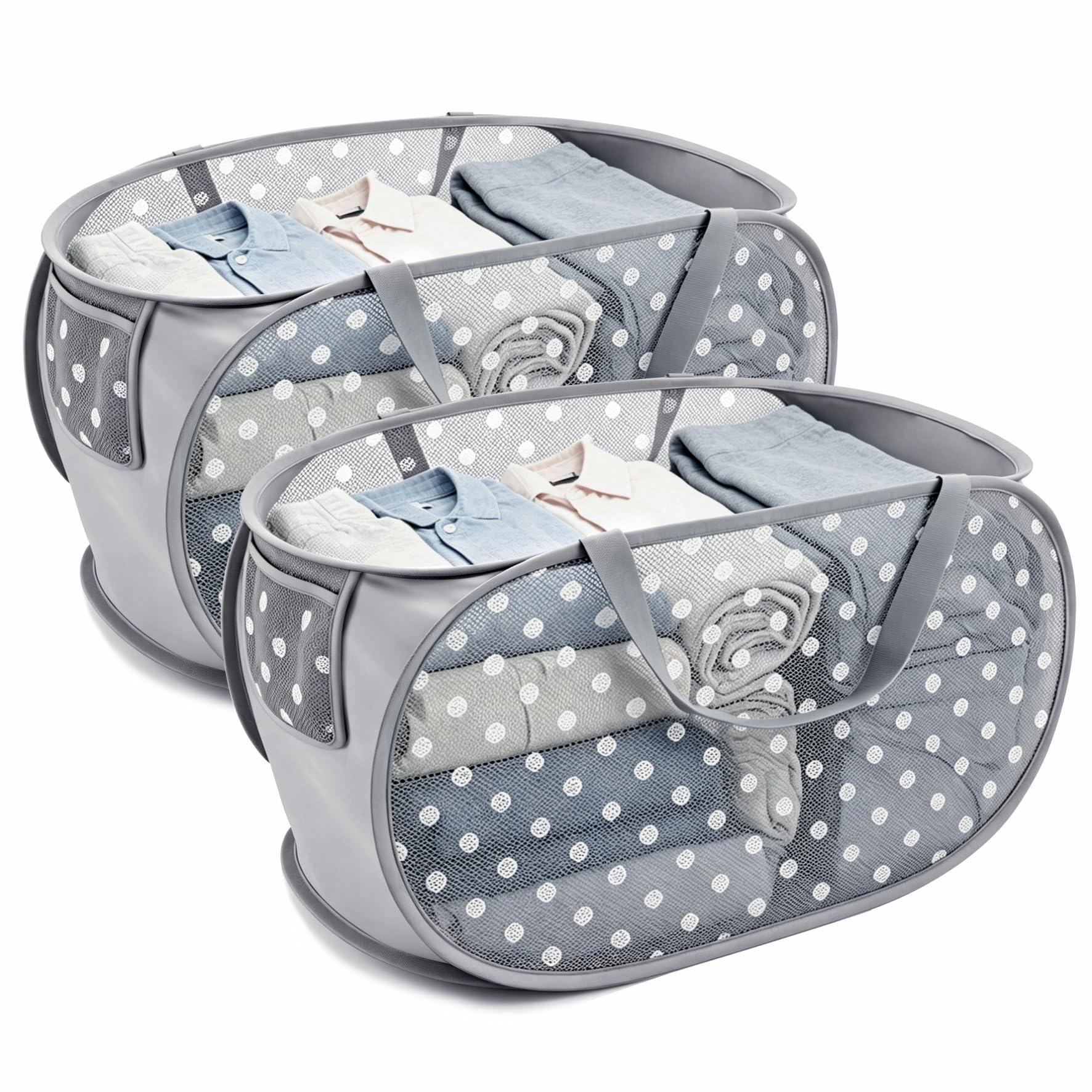 BOSNONA Pop Up Laundry Baskets 2 Pack 75L Pop Up Laundry Hamper Foldable Laundry Basket for Bedroom Dorm Travel (Grey Dots(2 Horizontal))