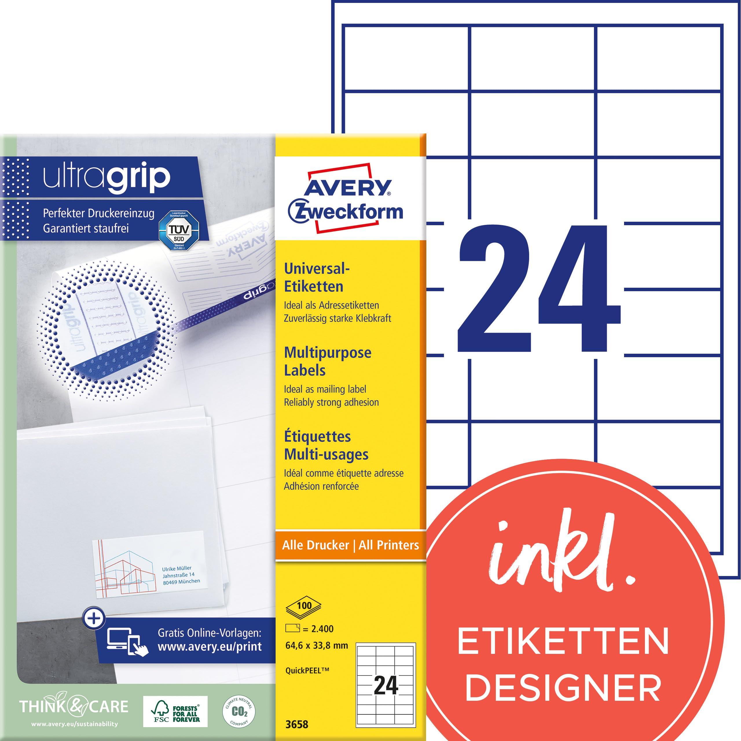 AVERY Zweckform 3658 Adressaufkleber – 2.400 weiße selbstklebende Etiketten, 64,6 × 33,8 mm, A4, mattes Papier, Ultragrip, FSC-zertifiziert