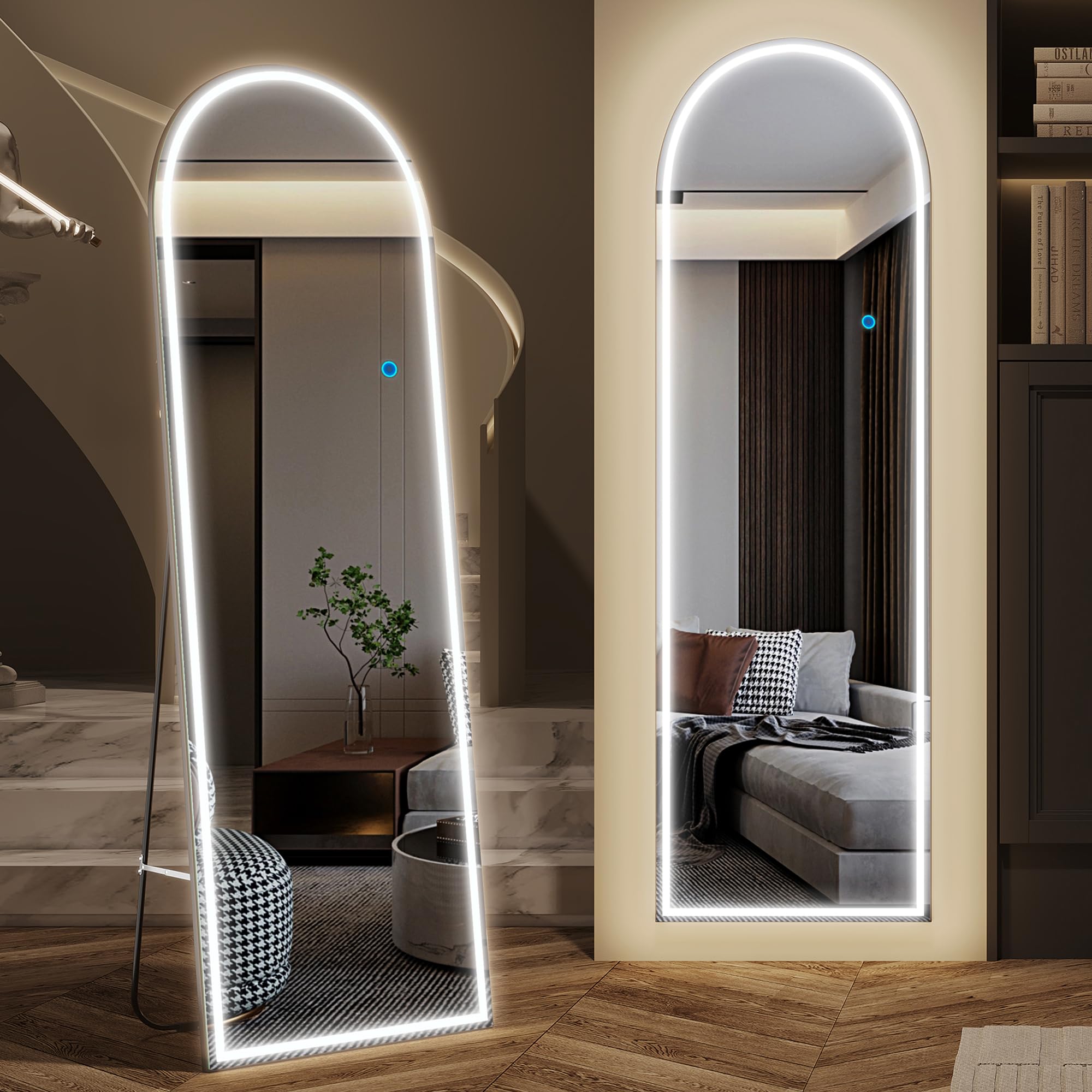LVSOMT Bogen Ganzkörperspiegel mit Beleuchtung, 153x50cm LED Gewölbter Standspiegel, Moderne Wandspiegel Groß, Stehspiegel ohne Rahmen Beleuchtet, Aufstellspiegel für Schlafzimmer Wohnzimmer, Weiß