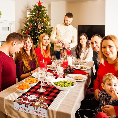 Miniatura 7 de Camino de mesa de Navidad de 72 x 13 pulgadas, decoración de mesa de lino a cuadros rojos con patrón de reno de Papá Noel para fiestas temáticas de