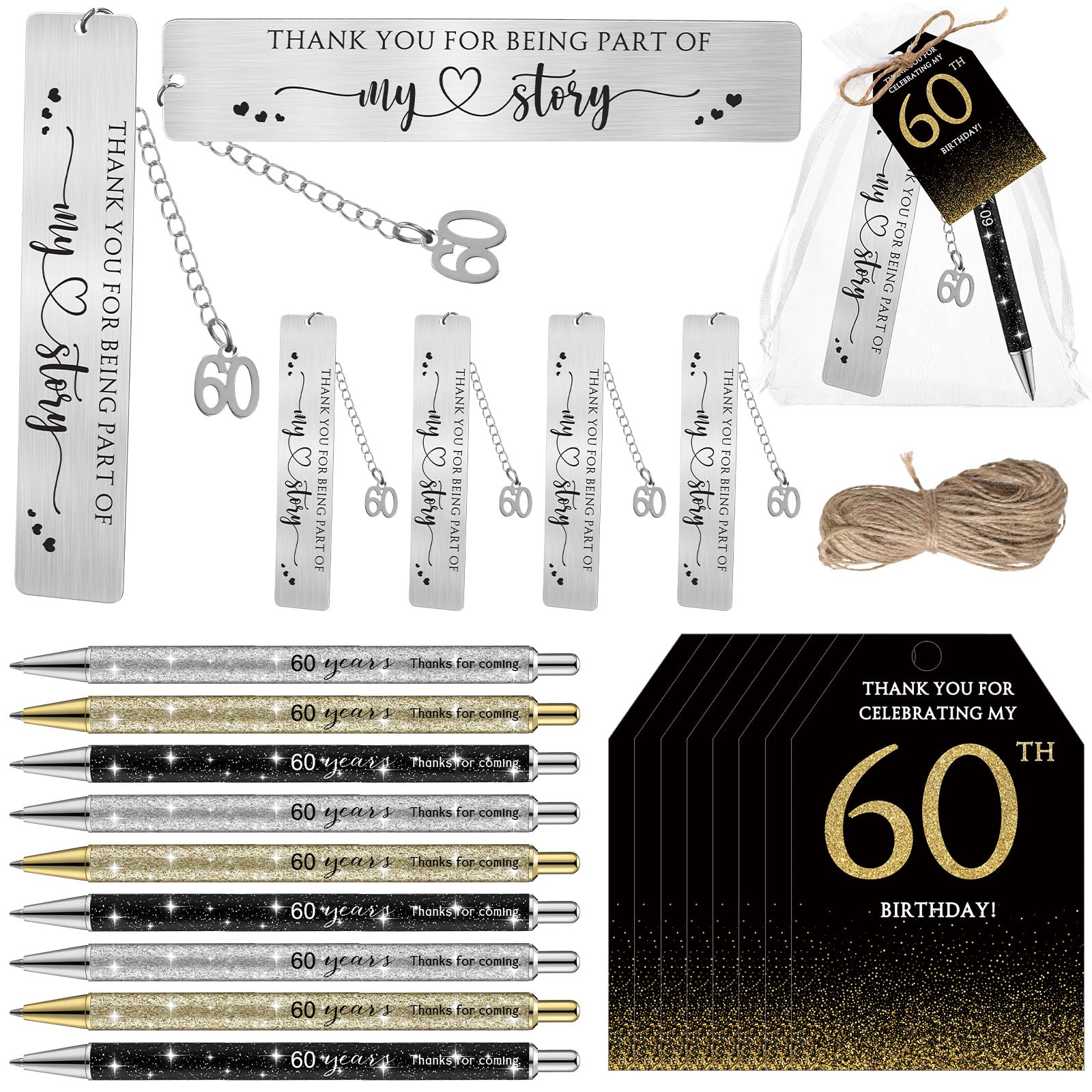 Sinload 24 Set 60th Birthday Favors for Guests Anniversary Party Favor Thanks for Coming Glitter Ballpoint Pen Bookmark Thank You Card Organza Bag for