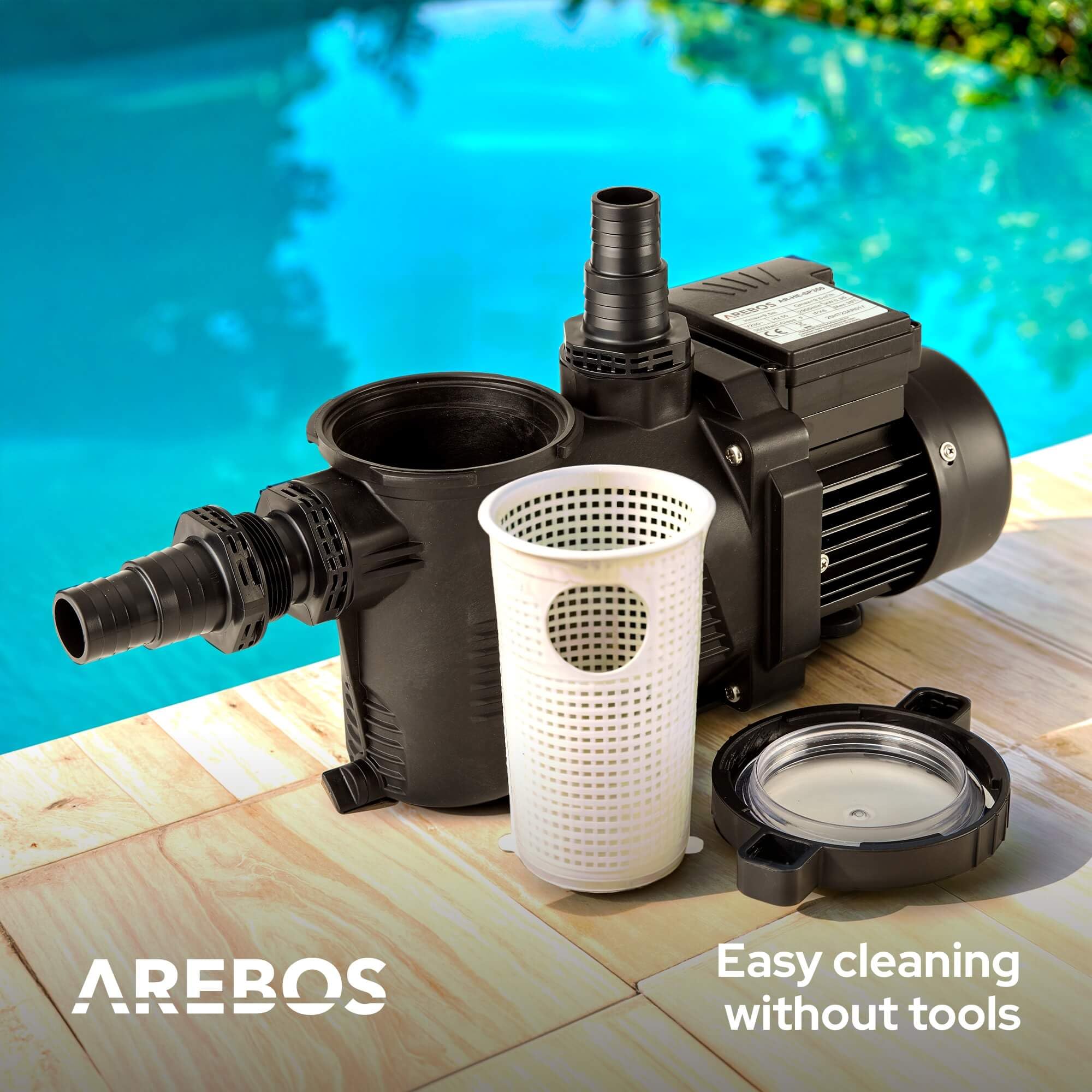 Arebos Bomba de piscina 350W | bomba de filtración con prefiltro y 9500 l/h | bomba de piscina para sistema de filtración de arena y sistema de filtración | potente y energéticamente eficiente