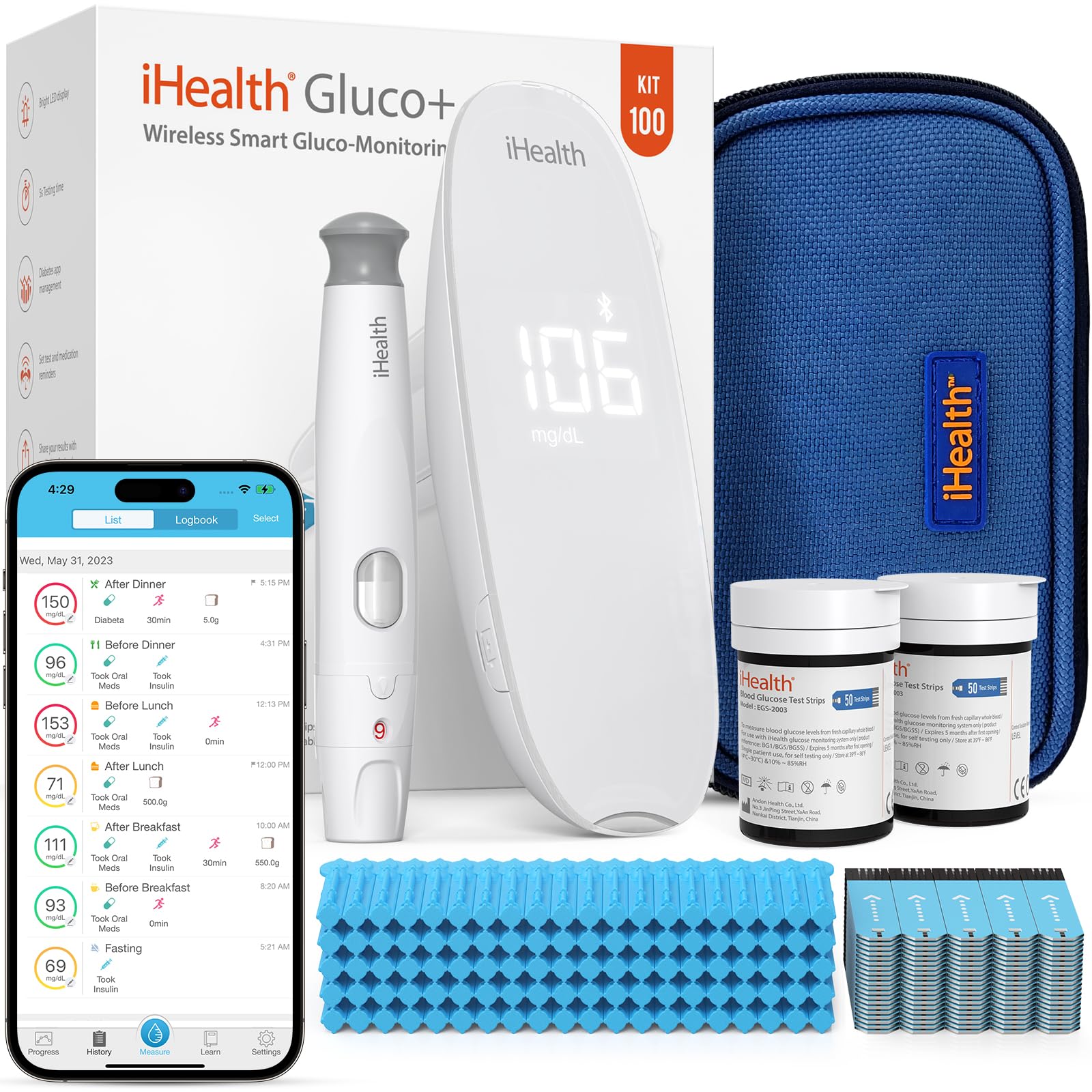 Buy iGluco+ Wireless Smart Blood Glucose Monitor Kit with Free App, 100