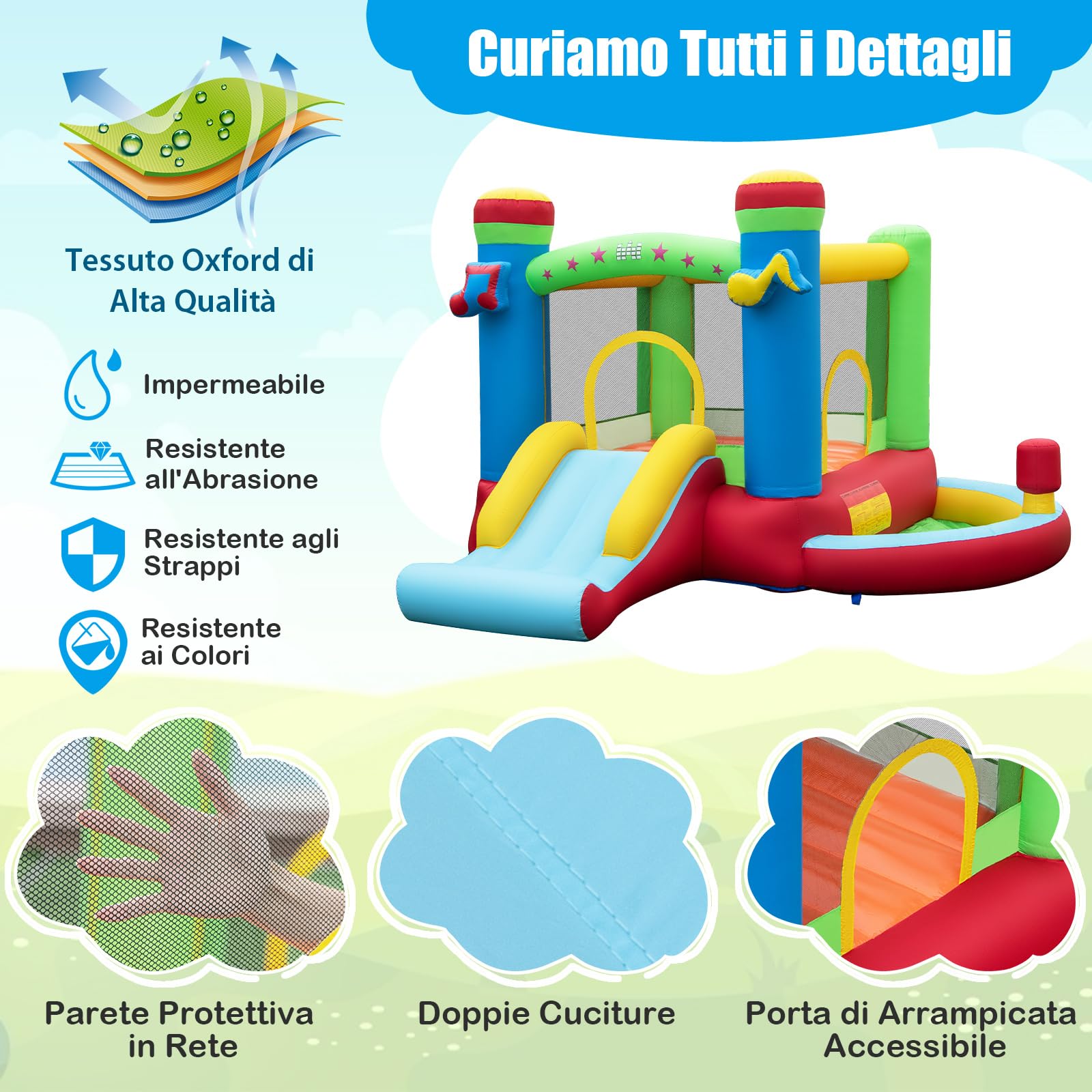 COSTWAY Castello Gonfiabile 5 in 1 per Bambini di Tema Musicale, Castello Gonfiabile con Scivolo, Trampolino, Piscina e Canestro, Gioco Gonfiabile da Interno ed Esterno, per Bambini da 3 a 12 Anni