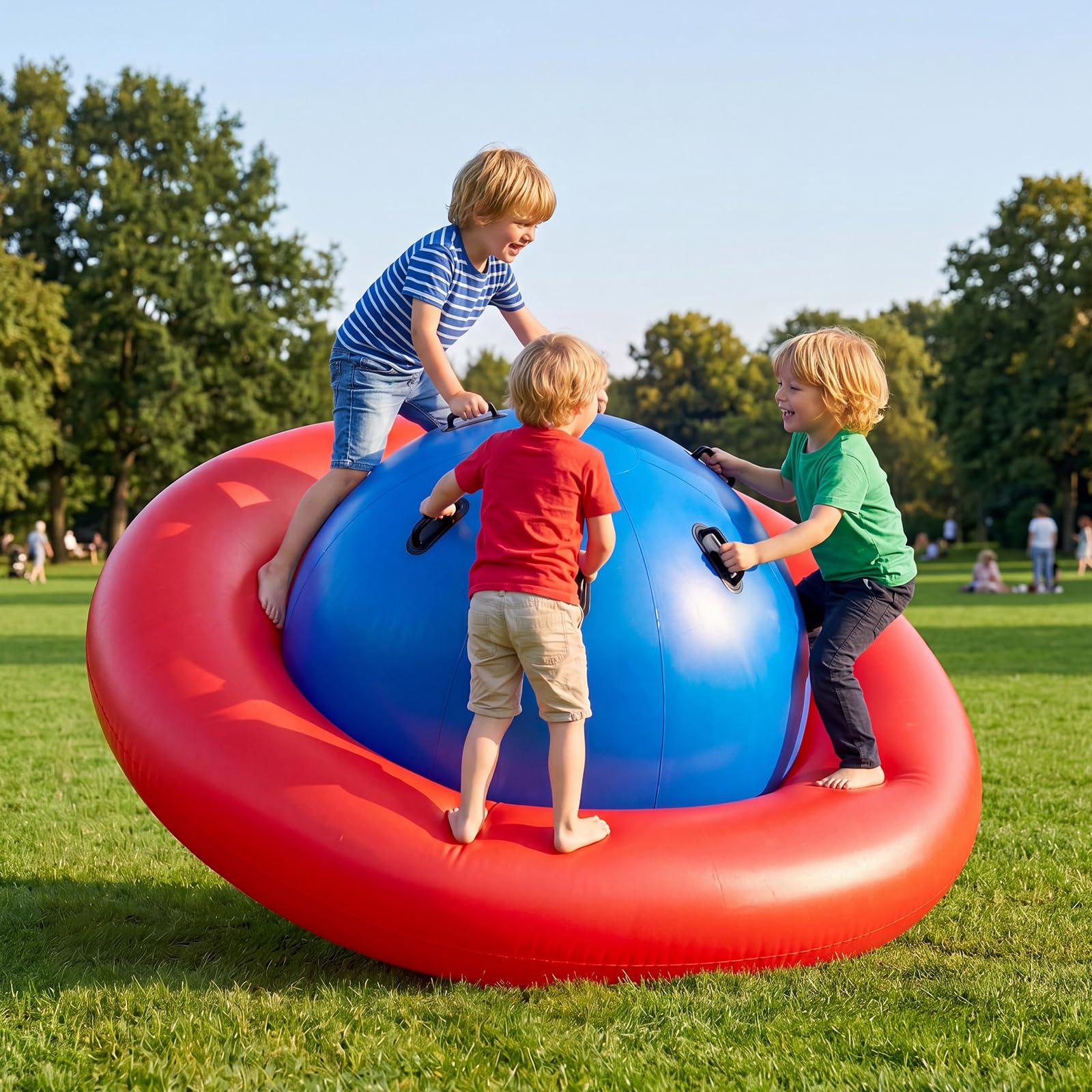 COSTWAY Balancín Inflable para Niños Mayores de 5 Años, 223 x 123 cm con 6 Asas Incorporadas, Balancín Inflable con Cúpula (Rojo)