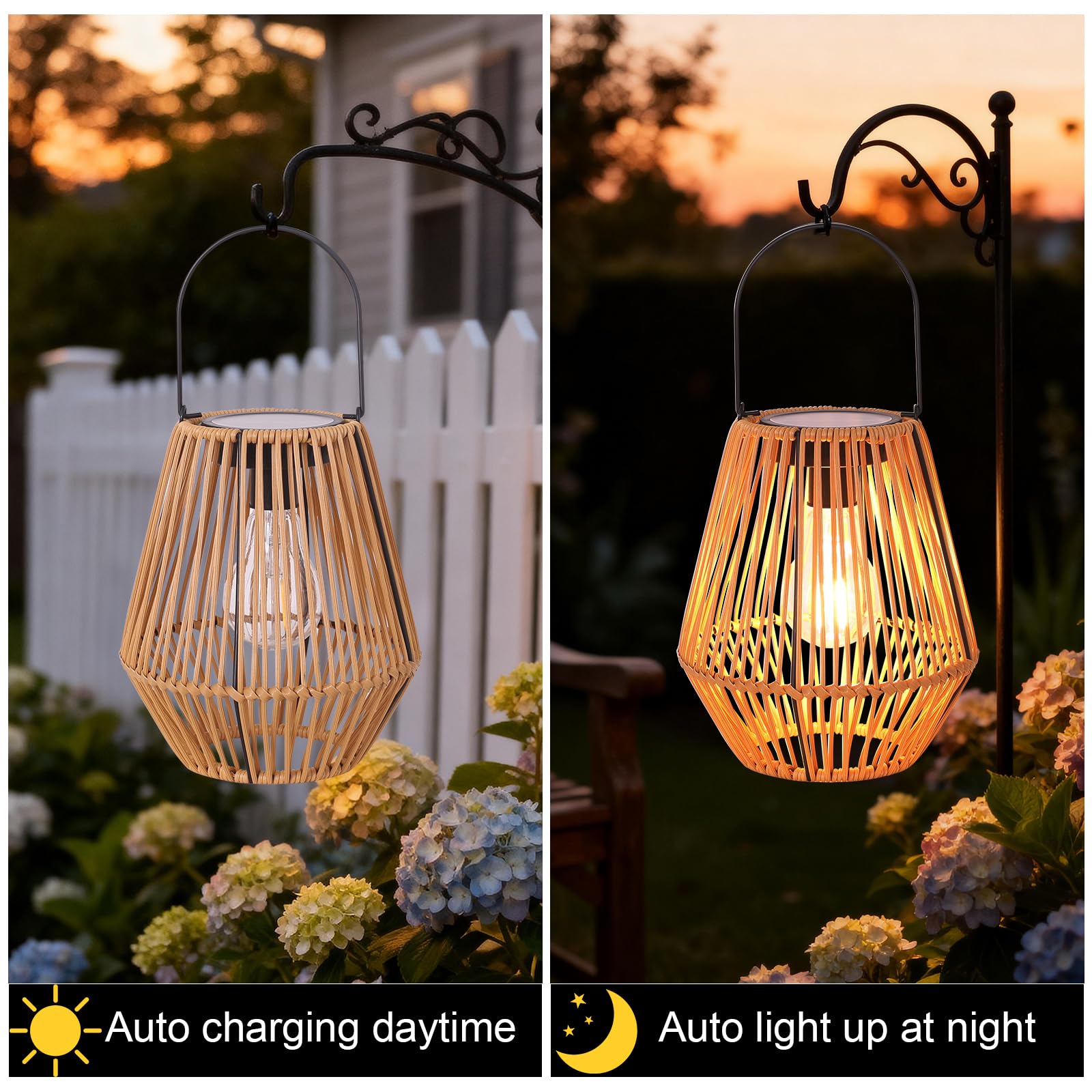 2 sztuki rattanowych lampionów solarnych, wodoodporne, rattanowe lampy solarne, wiszące lampiony, dekoracyjne, prezenty urodzinowe dla mamy, babci, lampiony zewnętrzne na werandę, patio