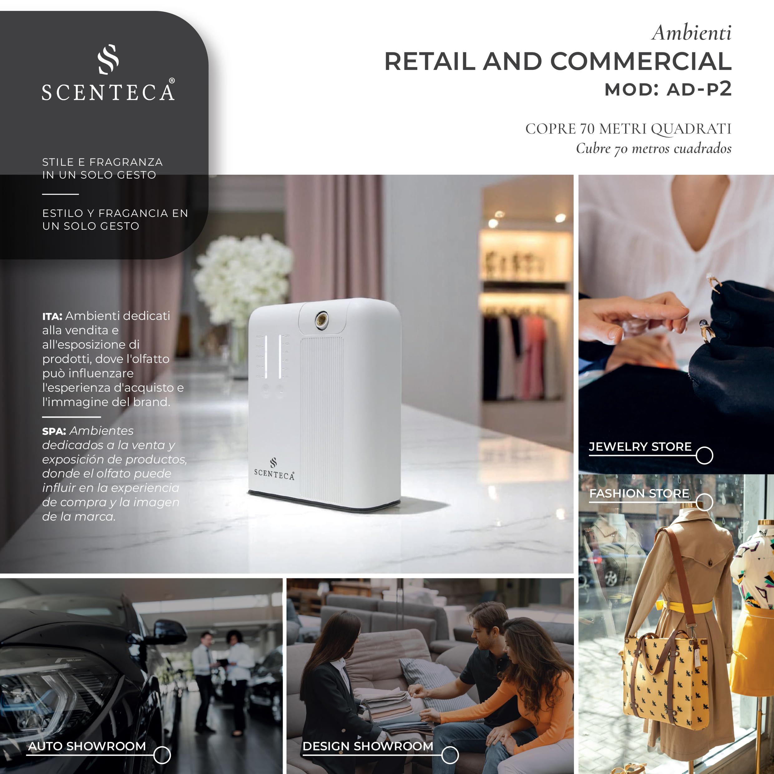 SCENTECA Difusor eléctrico de aceites Esenciales AD-P2 con Fragancia Summer Scent incluida, nebulización sin Agua, programable vía App, Cobertura de hasta 70 m² (100 ml)