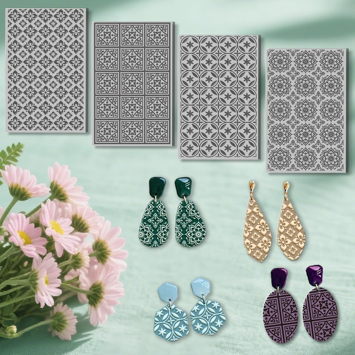 4 Sheets Abstract Art Clay Texture Mat Geometric Textures Pattern Polymer Clay Texture Sheets DIY Tools for Pottery Earring Jewelry Making Stamp Engraving Machines, 3.9x2.6inch