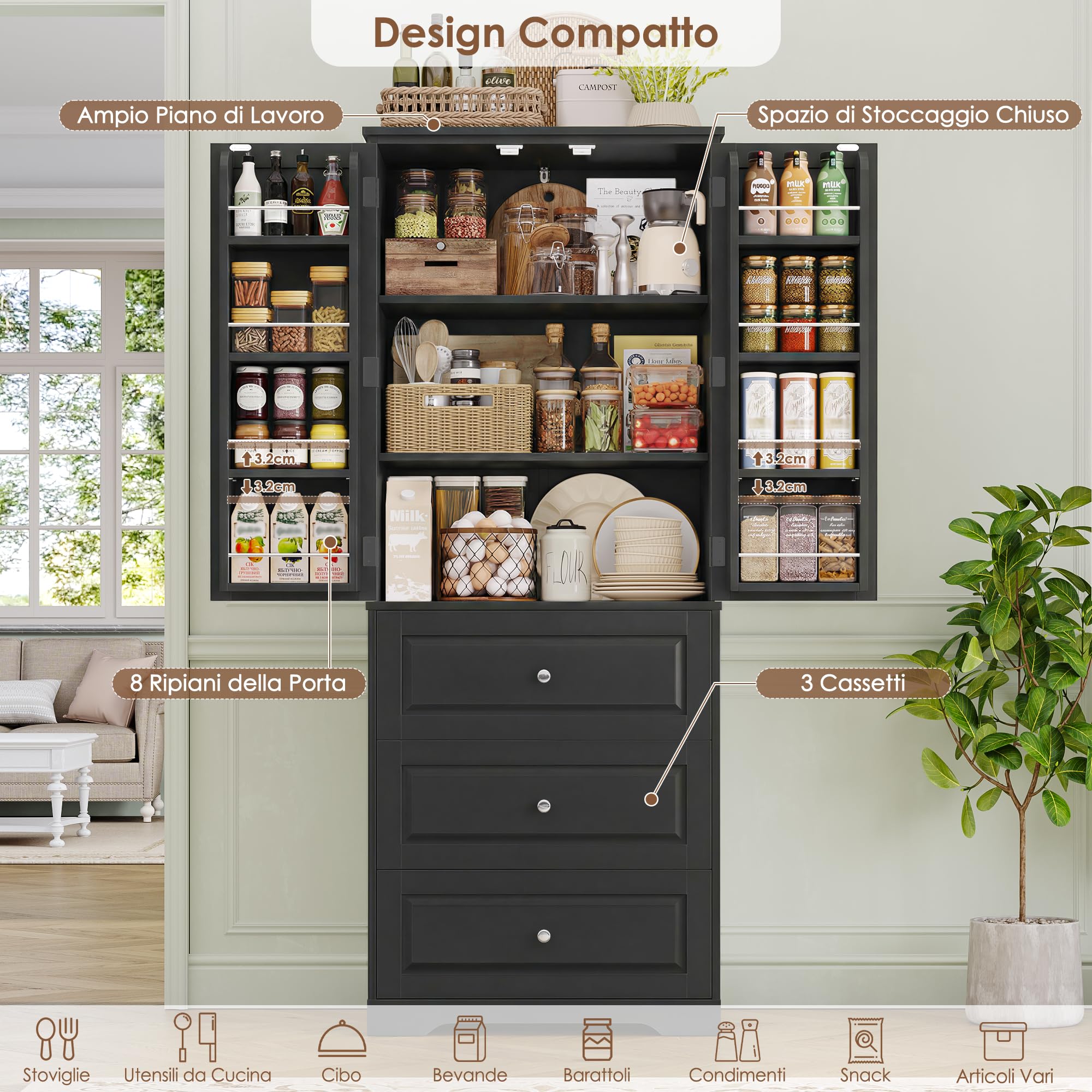 FOREHILL 150cm Credenza Cucina con 3 Cassetti, Dispensa Cucina con 8 Ripiani della Porta, Mobile Dispensa a 2 Ripiani Regolabili, per Sala da Pranzo, Soggiorno, 60x40x150 cm (Nero)