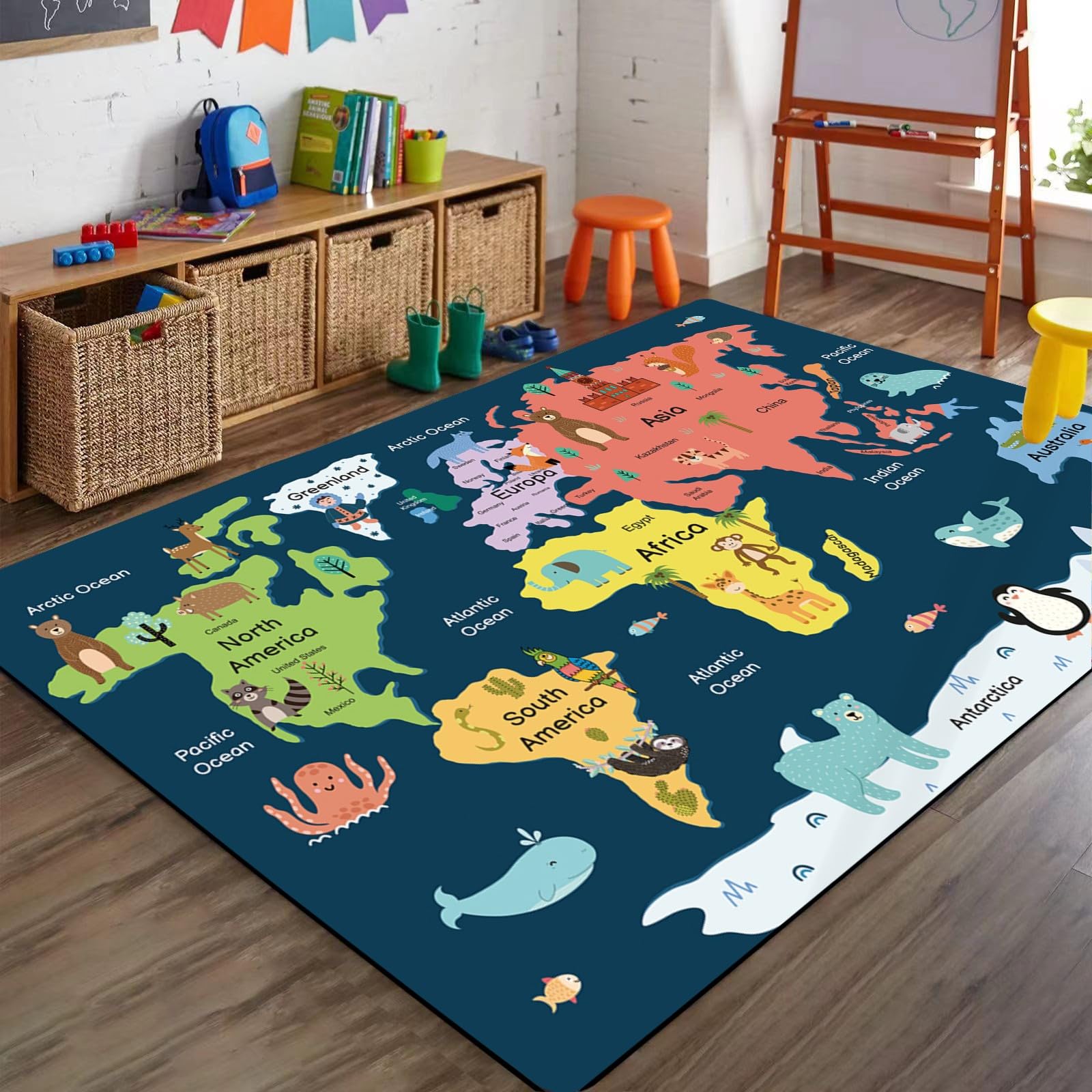 Bycmuoz Sea World Animal Kids Rug, 180x300cm, Cartoon Map Play Mat for Bedroom, Soft Non-Shedding Carpet with TPR Non-Slip Backing, Black Edged Machine Washable Area Rug for Playroom Study