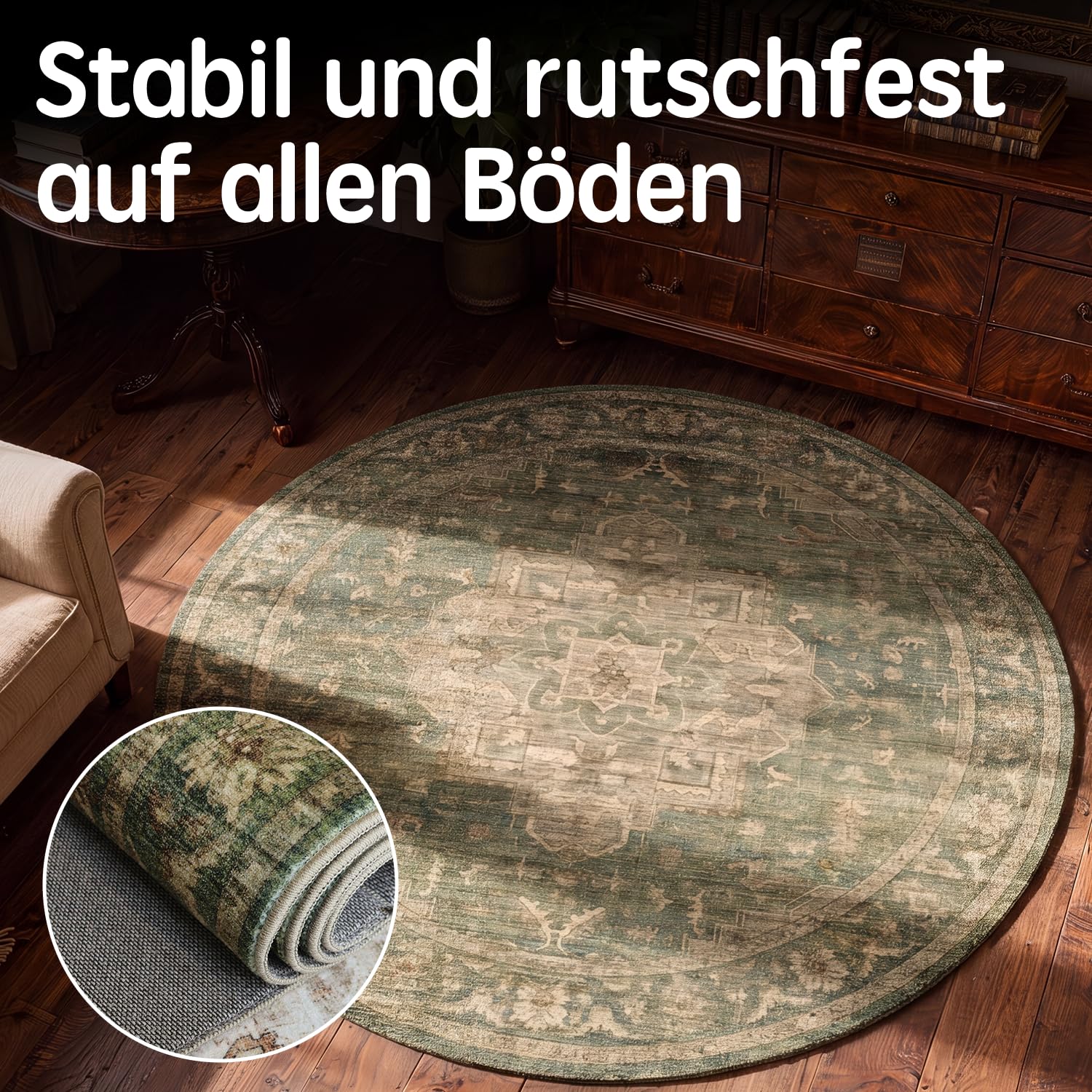 Vintage Waschbarer Teppich Wohnzimmer Dunkelgrün ⌀160 cm