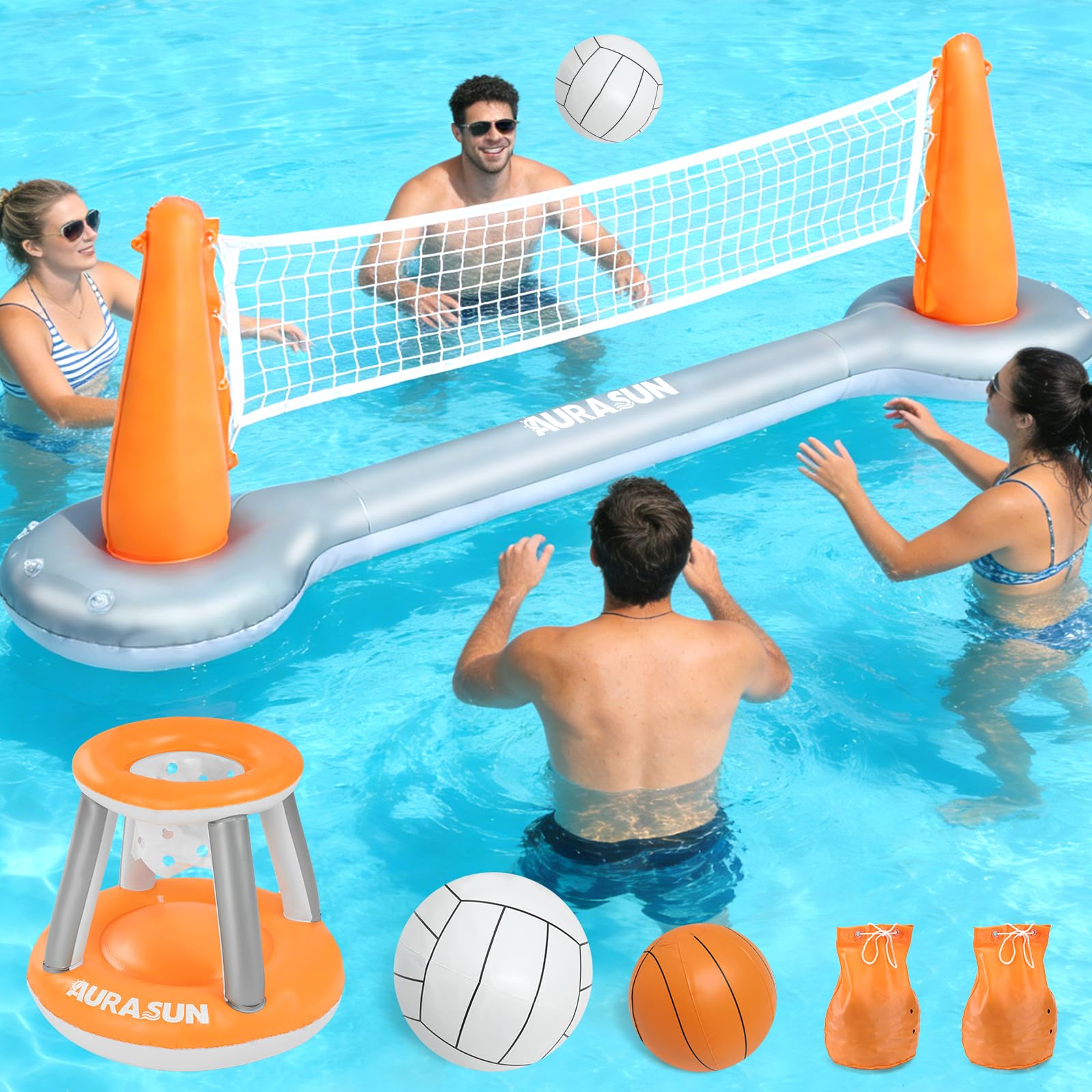 Ineasicer Aufblasbares Volleyball-Set - Aufblasbares Volleyball Set Poolspiele Outdoor Kinderbereich Volleyballnetz Und Basketballkorb Schwimmende Geschicklichkeitsspiele Mit Blow Ballen 53818390