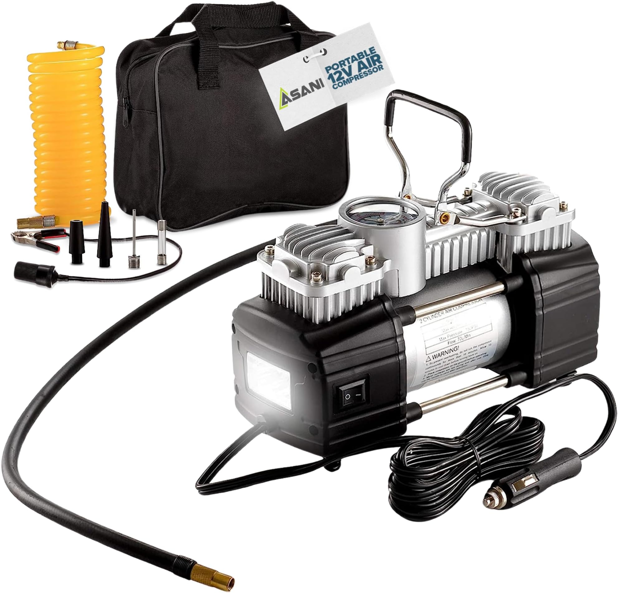 Asani 12V Air Compressor - Portable & Compact Tire Pump, 150 PSI Heavy-Duty Double Cylinder Tire Inflator with LED Flashlight, Ideal for SUVs, Off-Road, Trailer, Truck, Bike, Air Bed