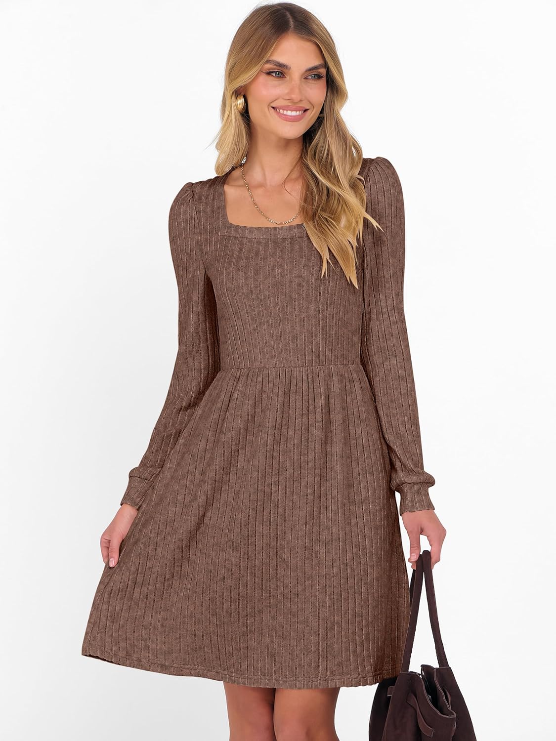 ANRABESS Women's Square Neck Long Sleeve Fall Dress Casual Ribbed Knit Soft 2026 Trendy Short Sweater Dresses with Pockets - Image 4
