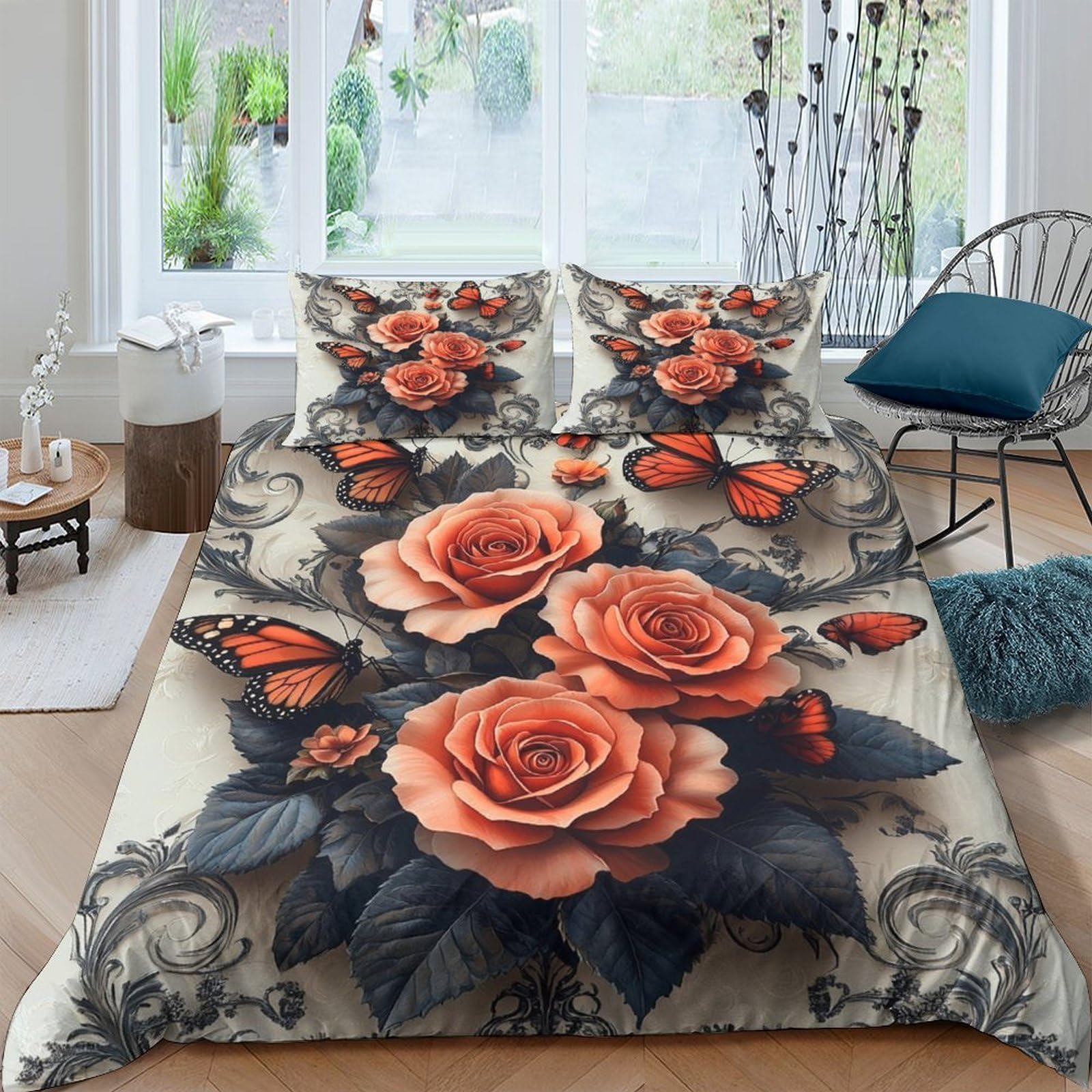 TUFRTGYHN 3D Printed Rose Butterfly Duvet Cover Set Microfiber Soft Breathable Floral Bedding with 2 Pillowcases for Bedroom Decor Single（135x200cm）