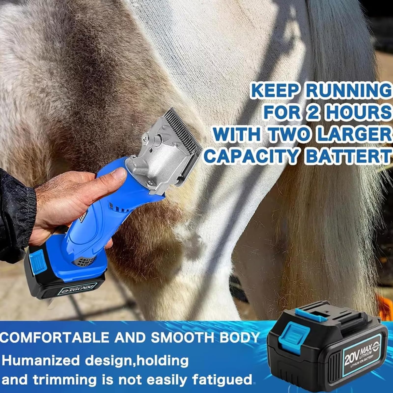 Esquiladora Inalámbrica para Caballos 500W, Cortadora Eléctrica de Grooming con 2 Baterías, Ajustable en 6 Velocidades, Cuchillas Desmontables de Acero al Carbono, para Caballos y Ponis de Pelo Grueso