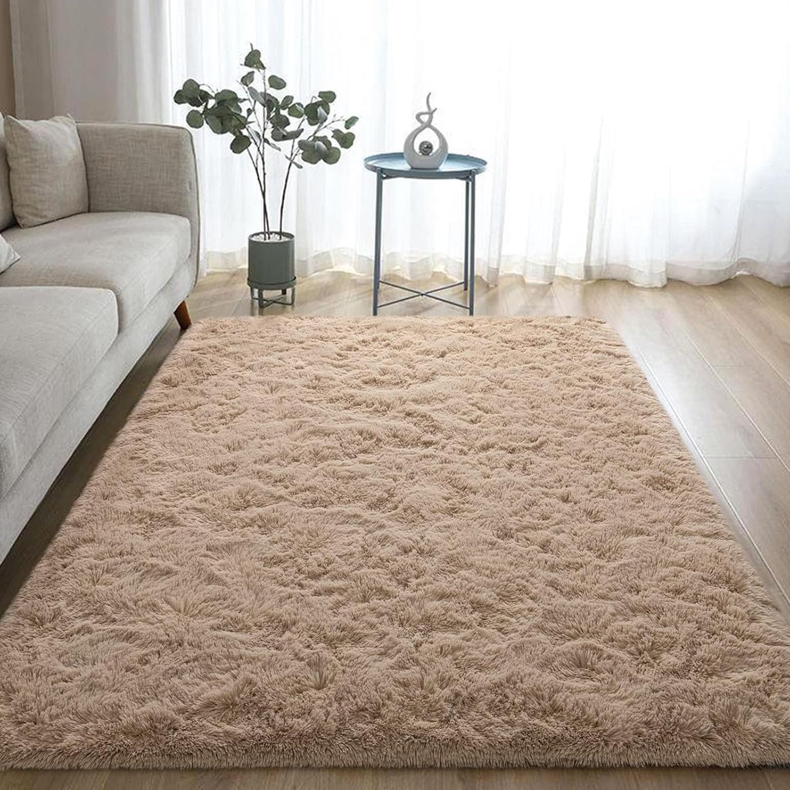 Tapis shaggy moderne anti slip grand format poils longs chameau