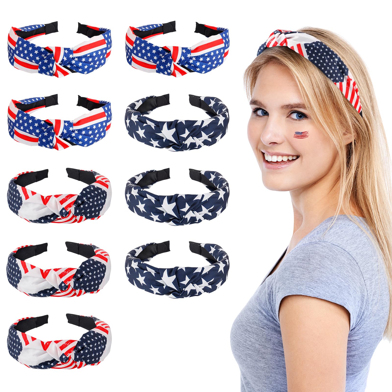 MADHOLLY9Pcs American Flag Headbands for Women Girls - Independence Day 4th of July Patriotic Headbands, Stars Stripes Twist Knotted Wide Headbands for Memorial Fourth of July Hair Accessories Gifts