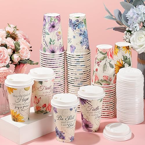 Miniatura 4 de Dandat 100 tazas de café cristianas florales con tapas, tazas de té florales de papel de 16 onzas, vasos desechables a granel con versículos