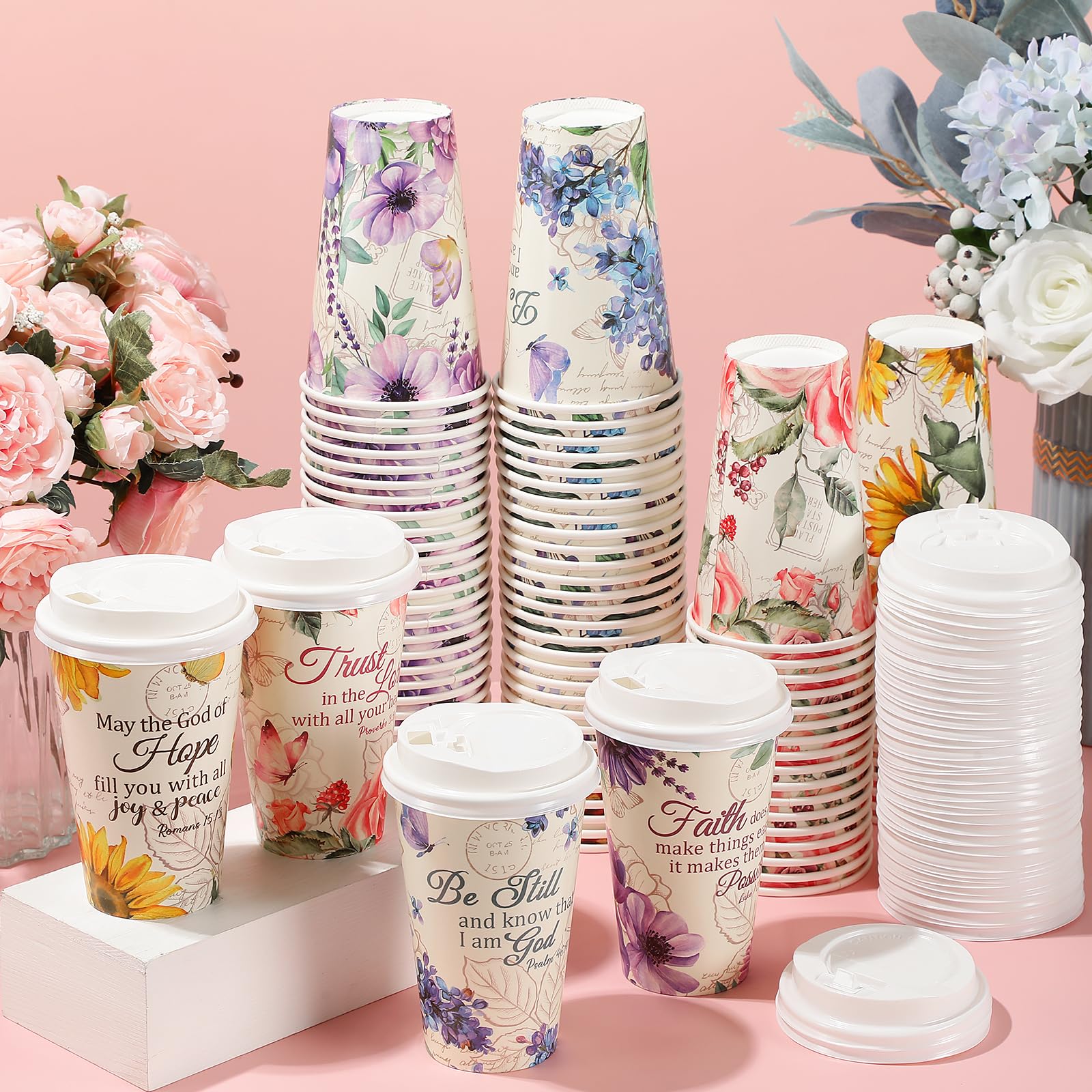 Amazon.com: Dandat 100 Pcs Christian Disposable Coffee Cups with Lids 16 oz  Floral Tea Scripture Paper Cups Bulk Bible Verse Coffee Drinkware for  Religious Church Wedding Baby Shower Home Offices Supplies :