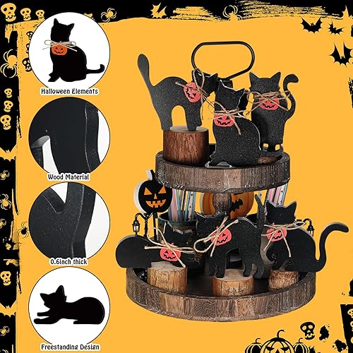 Miniatura 5 de Pinkunn 6 piezas de decoración de madera de gato negro de Halloween con silueta de gato negro calabaza decoración de Halloween bandeja escalonada