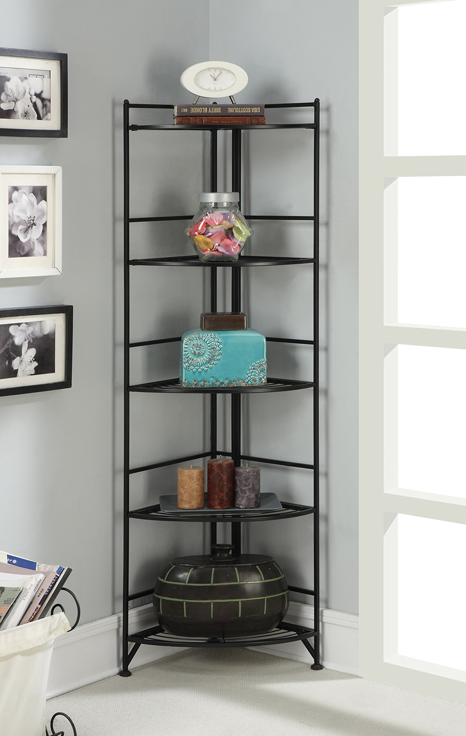 Convenience Concepts Xtra Storage Shelves - 5-Tier Corner Folding Metal Storage Shelves, Closet Organizer for Office, Laundry Room, Bedroom, Garage, Kitchen, Bathroom, Black