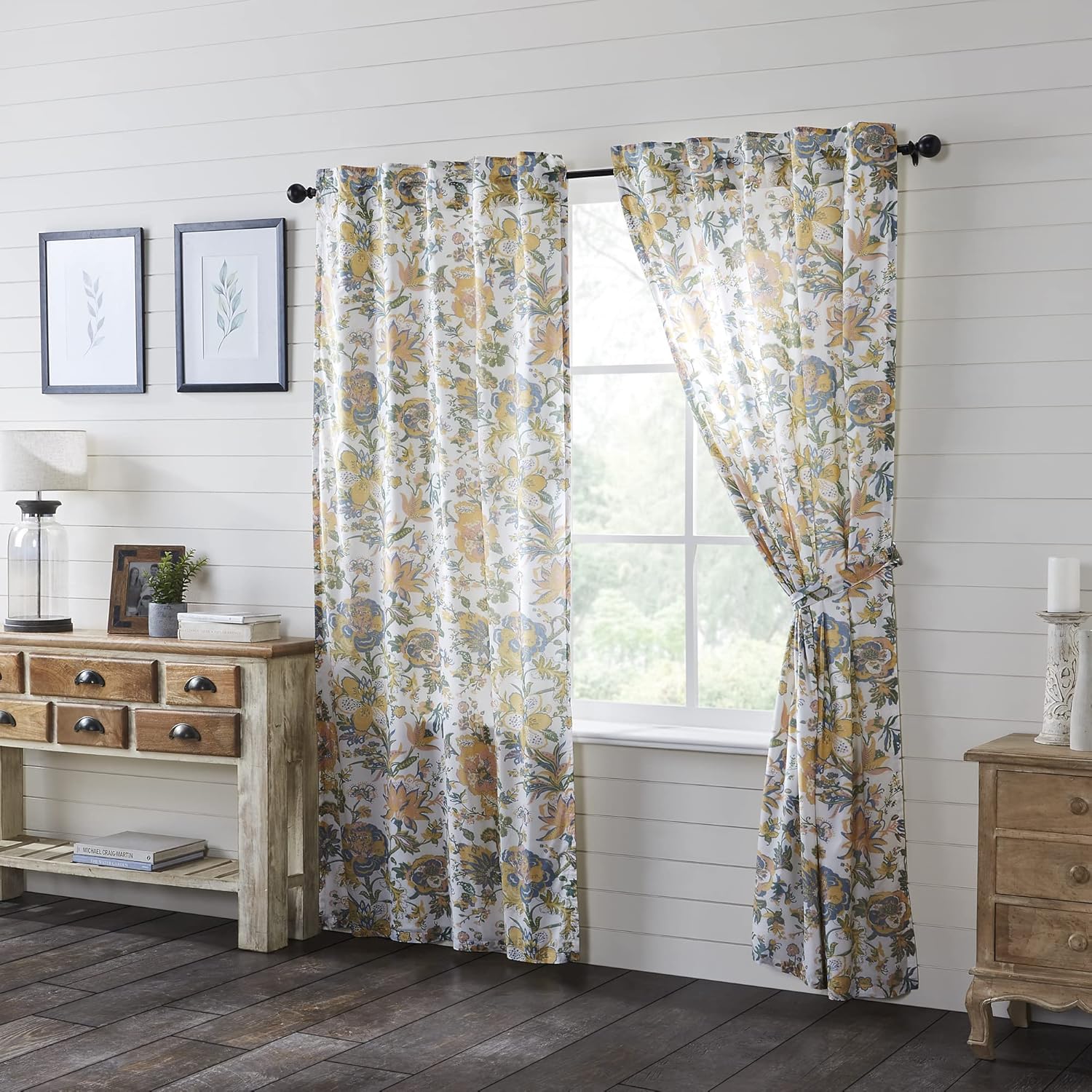 VHC Brands Wilder, Farmhouse Window Valance Curtain, Scalloped, Floral, Blue & Green, 18x72