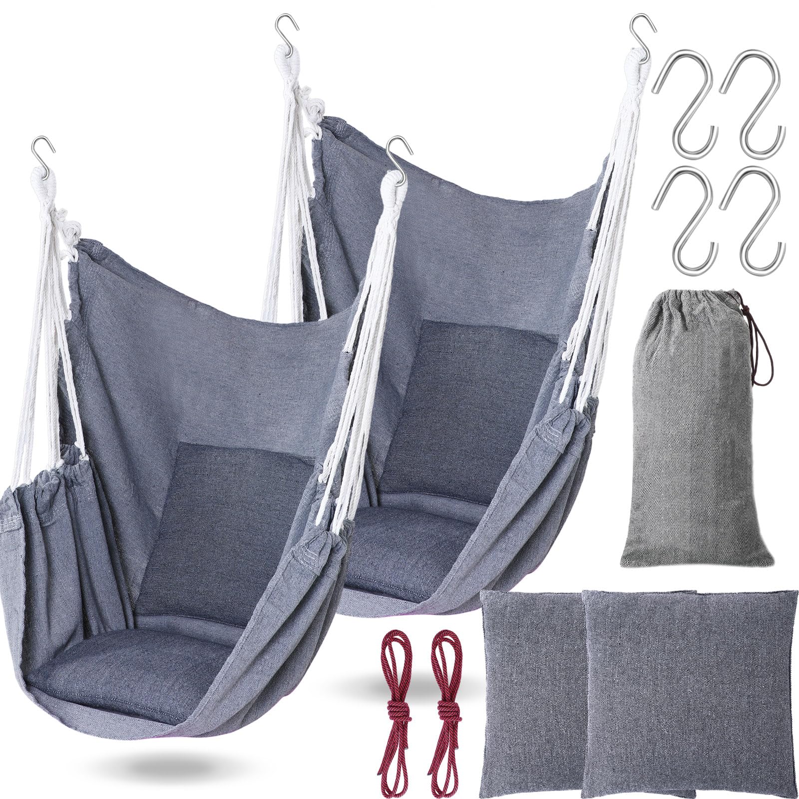 2 Pieces Hammock Chair Hanging Rope Swing Large Hanging Chair Max 300 Lbs Swing Chair Hammock Seat Cushion Included for Indoor Outdoor Home Bedroom Patio Yard Balcony