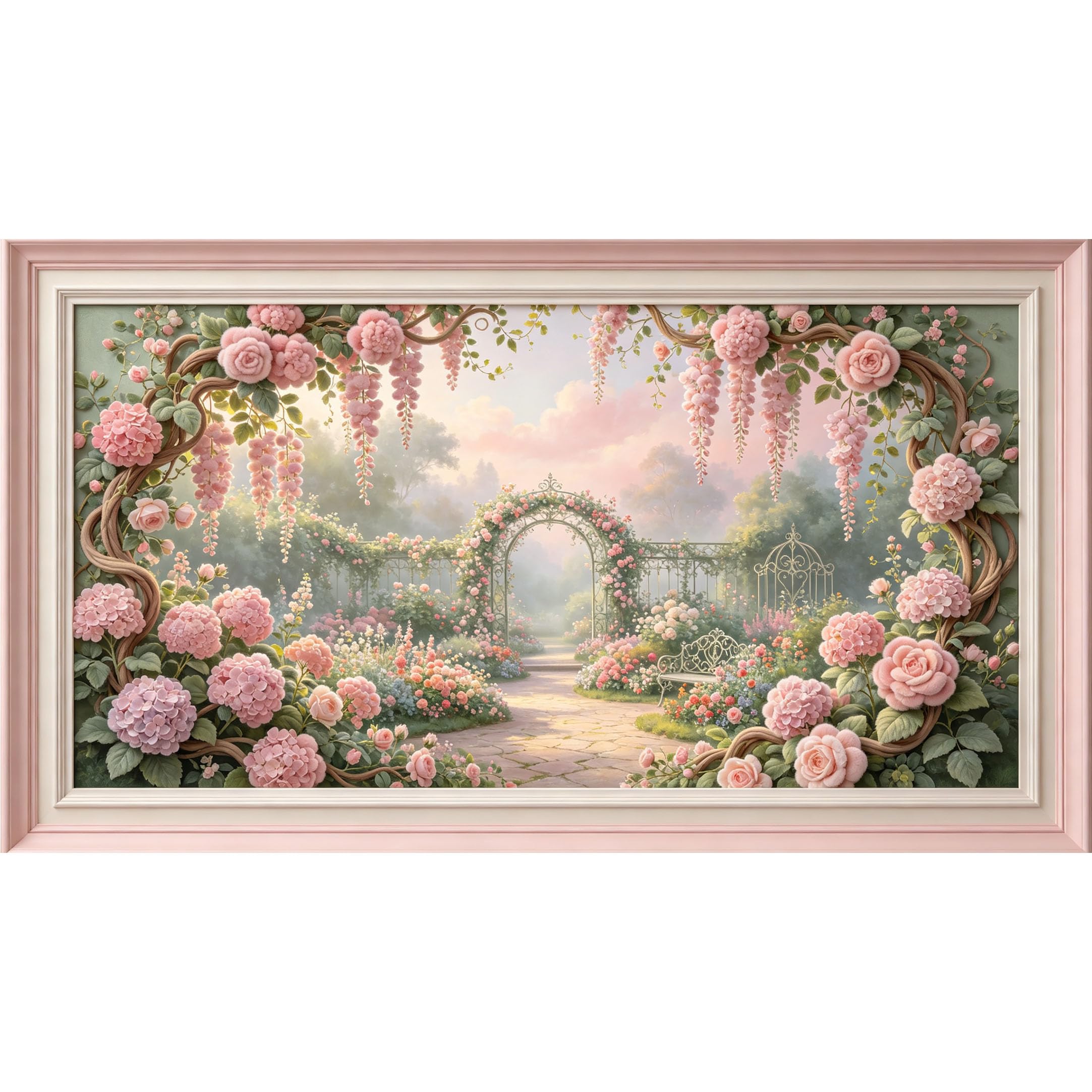 QZLITHOTIC 50x90cm3D Framed Wall Art， Romantic Botanical Garden Arch Floral Bloom Self‑Adhesive Mural， Water‑Activated Peel & Stick Fabric Decor Wall Decal for Bedroom Living Room