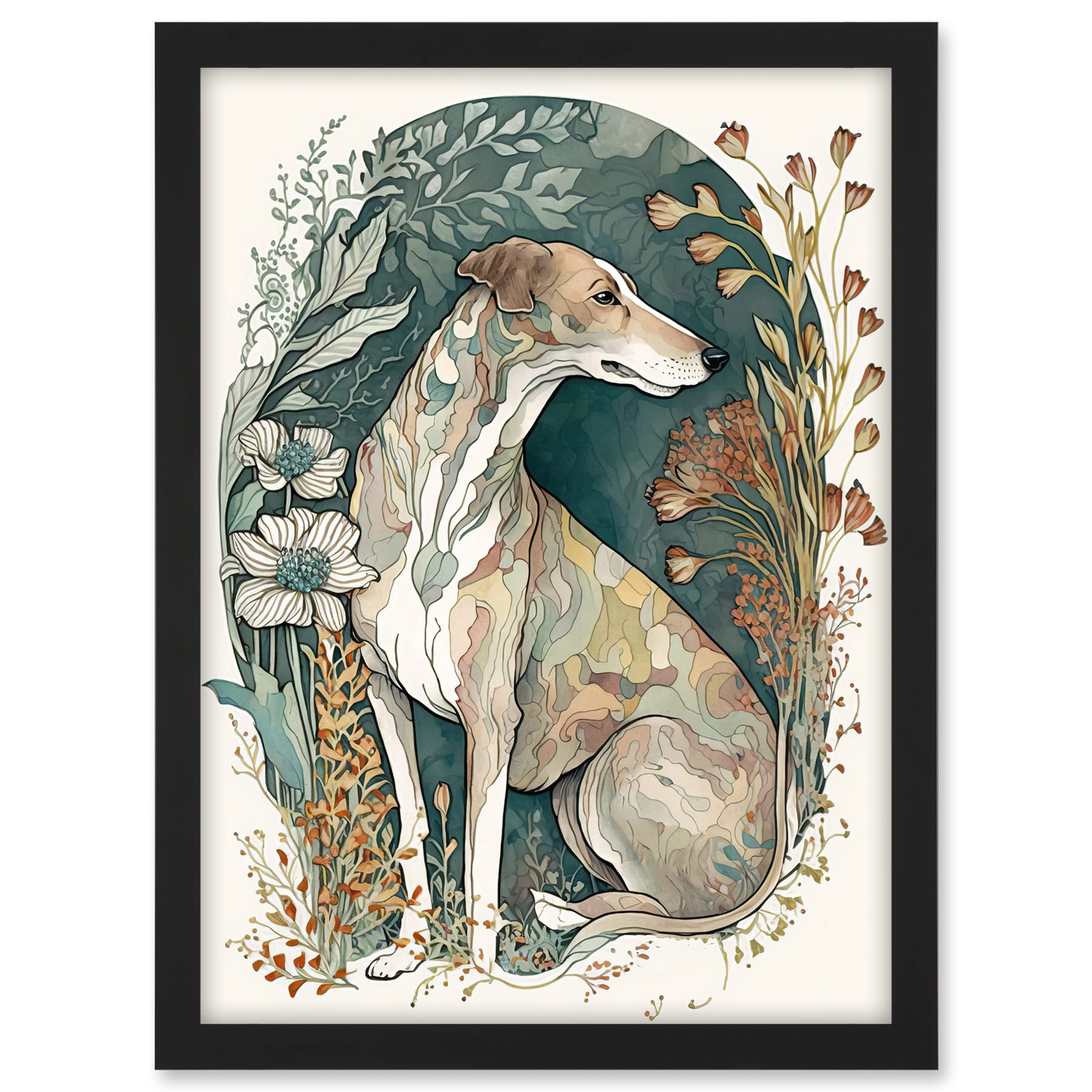 Artery8 Greyhound Dog in Flower Field Modern Pastel Boho Watercolour Illustration Artwork Framed A3 Wall Art Print