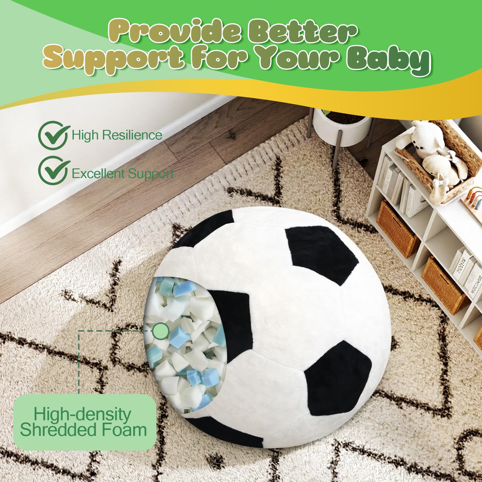 MeMoreCool Puf de fútbol para niños, asiento de sofá con relleno incluido, para niños y niñas, para leer y jugar, sofá suave para dormitorio y sala de juegos, 65 x 65 cm