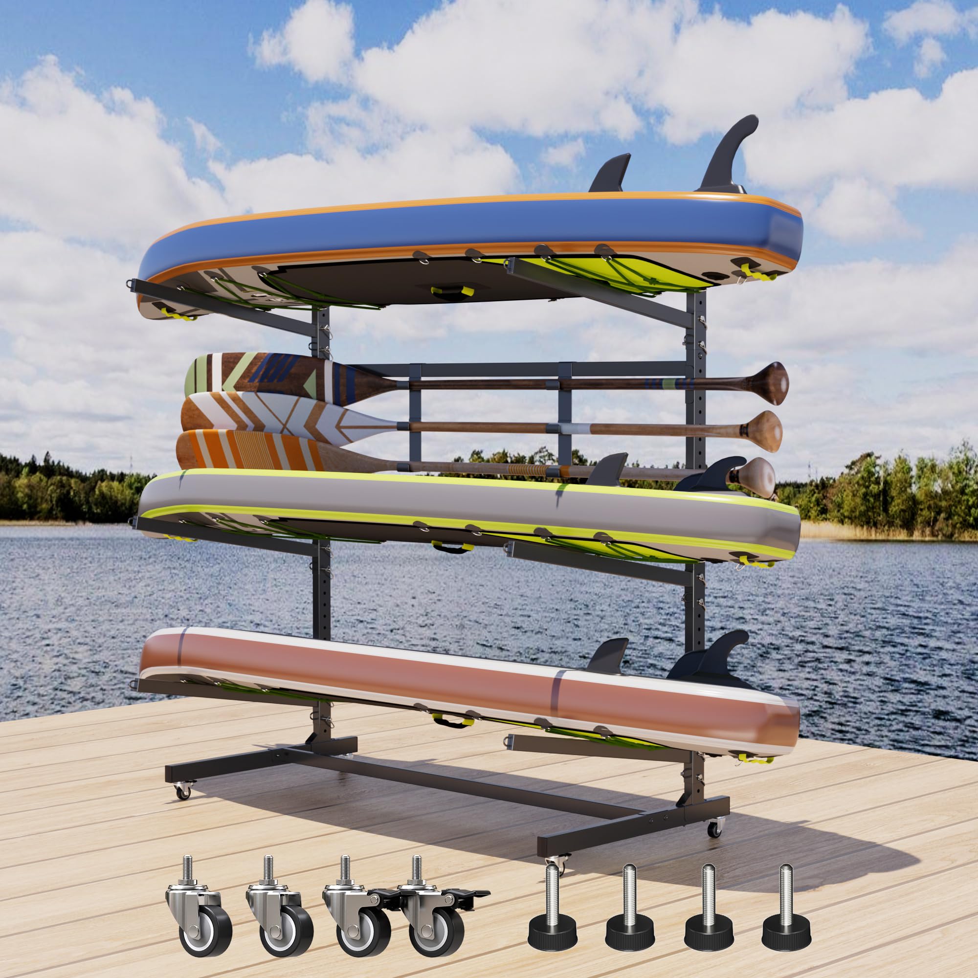 METALYEYE Upgrade 59 '' W 3 Levels Outdoor Indoor Kayak Storage Rack with Wheels & Paddle Hook,Heavy Duty Metal Storage Rack for Kayak, Canoe, Surfboard & Paddleboard,Black