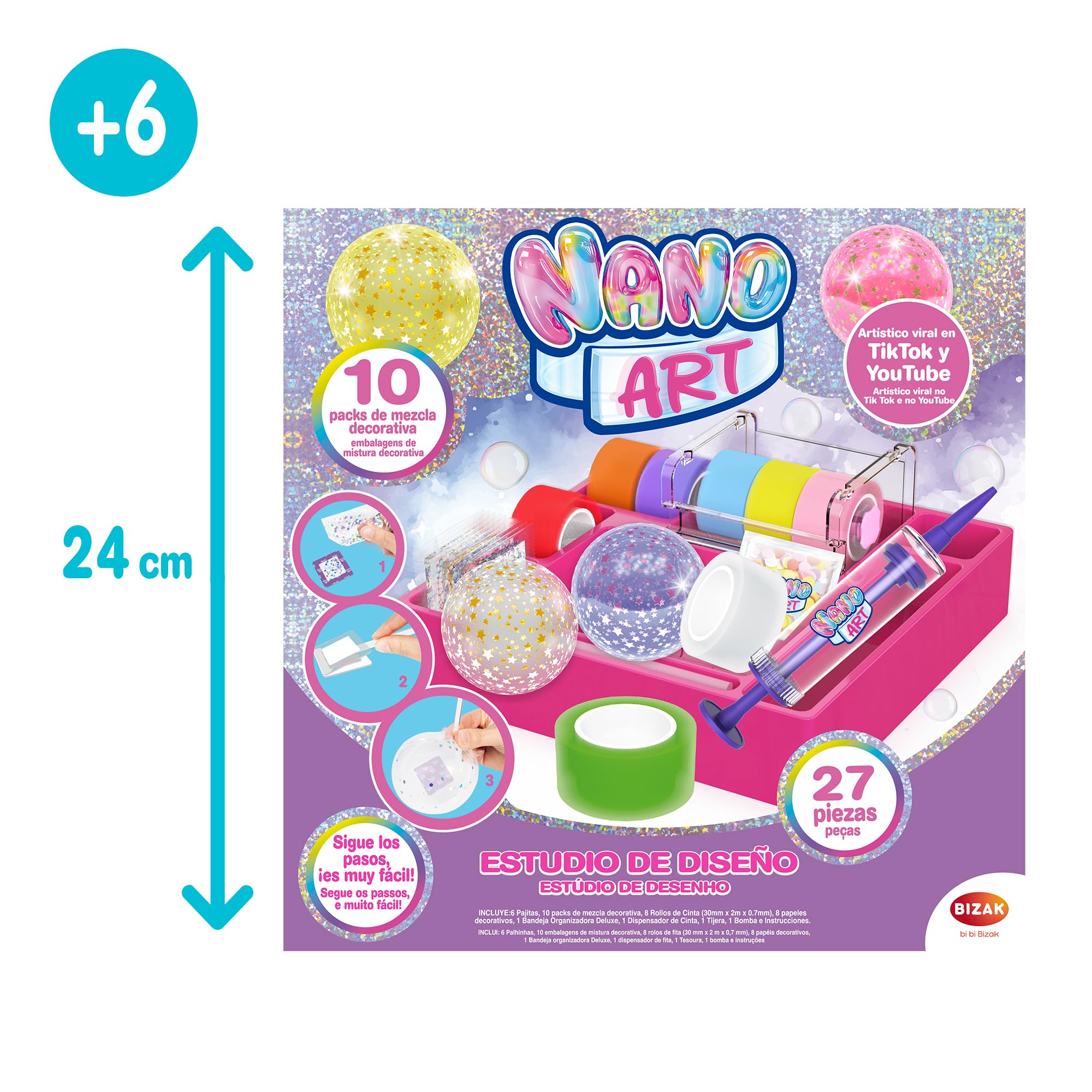 Bizak Nano Art Estudio De Diseño, Pack Deluxe, Kit de Cintas de Doble Cara Multicolor para Hacer Manualidades, para Hacer Burbujas con Brillos, (64524876)