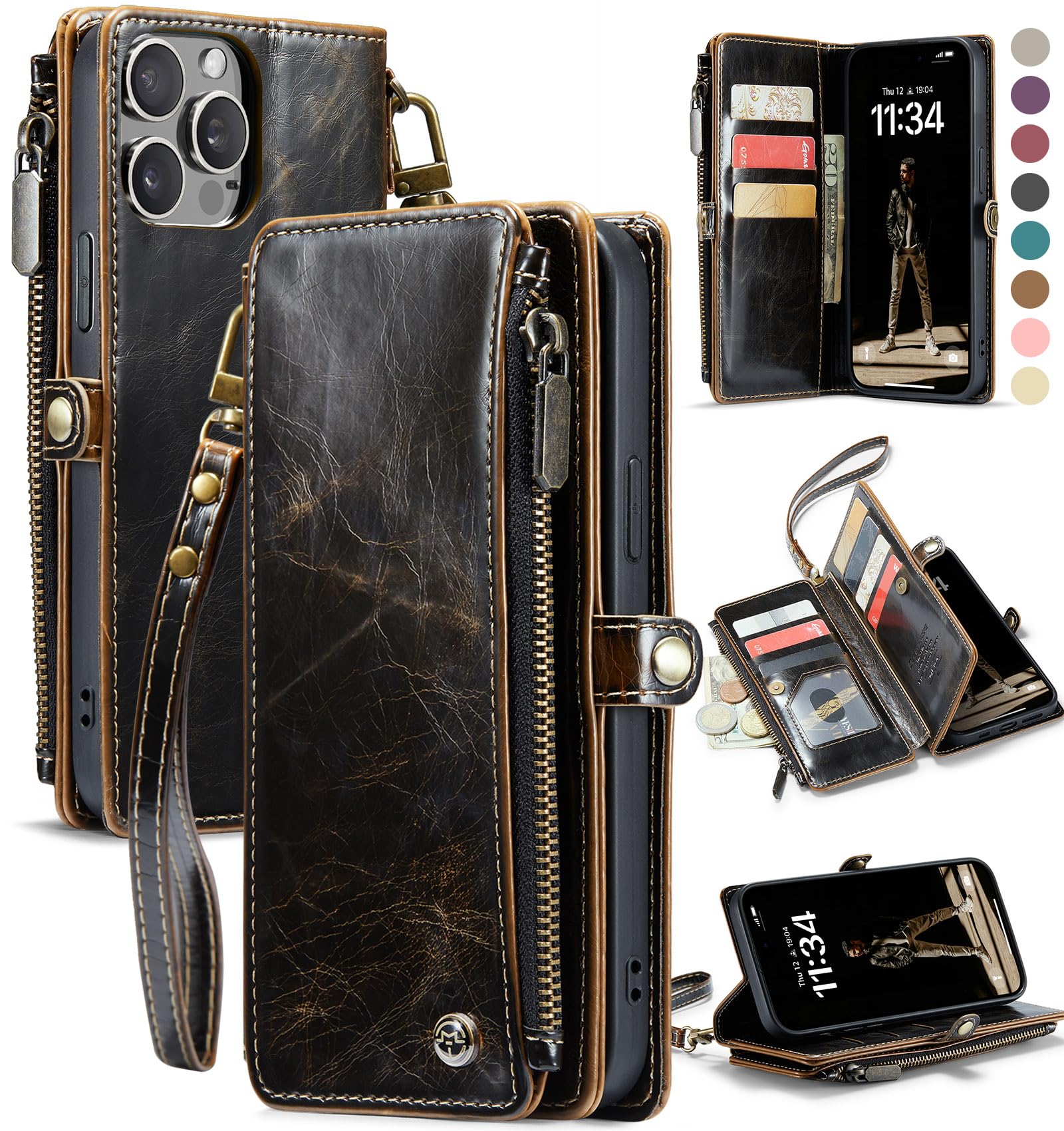Defencase Compatible with iPhone 15 Pro Max Case Wallet with RFID Blocking Card Holder for Women Men, PU Leather Magnetic Snap Flip Zipper Strap