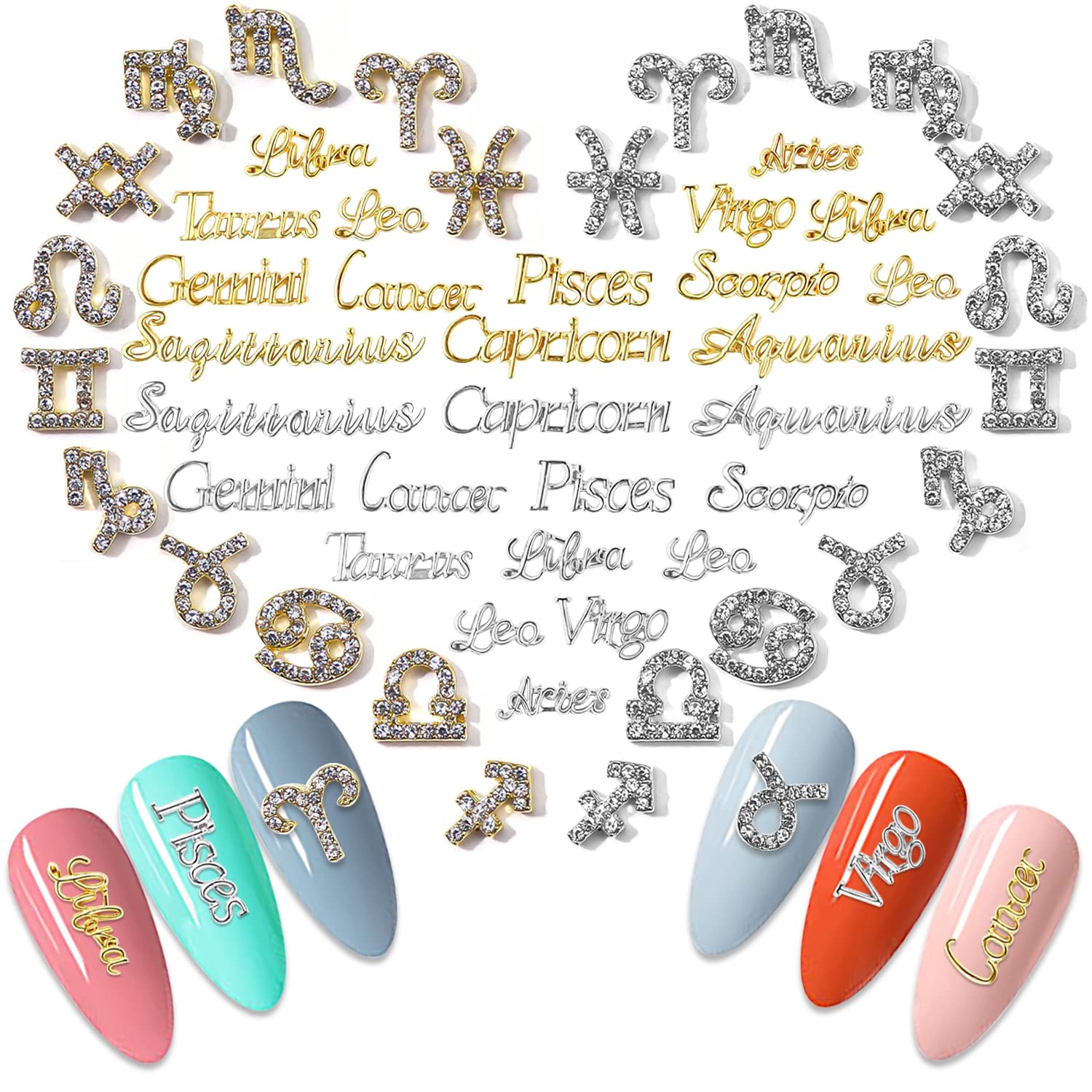 WOKOTO 48Pcs Zodiac Signs And Zodiac Letters Nail Charms