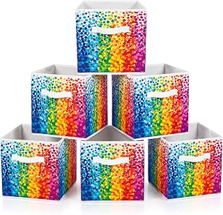 Chunful 6 Pcs 11" Fabric Cube Storage Bin Rainbow Multicolor Dots | Woven with Handles for Clothes Toys Books, Cubby Organizer for Cube Shelves, Foldable Baskets, Back to School Dorm Storage
