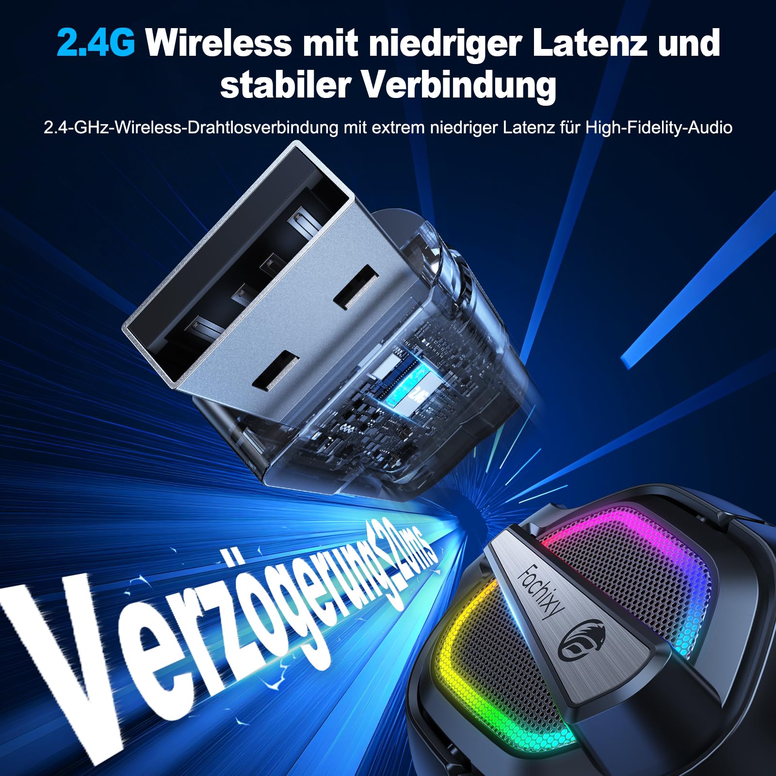 Fachixy FC200 Wireless Gaming Headset, 2.4GHz Bluetooth 5.4 Headset mit Mikrofon für PS5, PS4, PC, Switch, Gaming Kopfhörer Kabellos, Geringe Latenz Noise Cancelling, mit LED Licht, 50H Akkulaufzeit