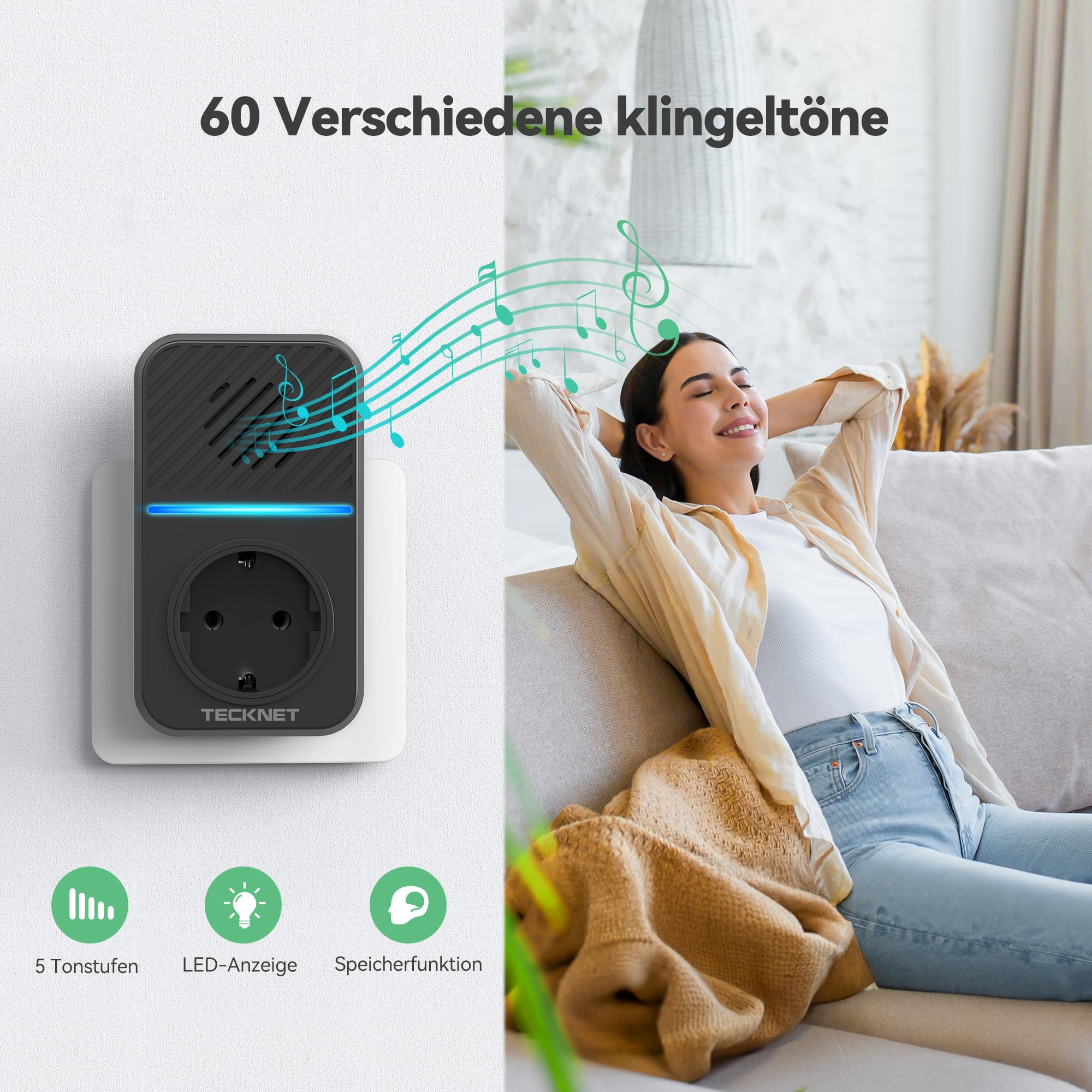 Campanello Senza Fili Nero E Oro - Campanello Elettrico Con Presa, Design Moderno Per Casa E Ufficio - Foto 2