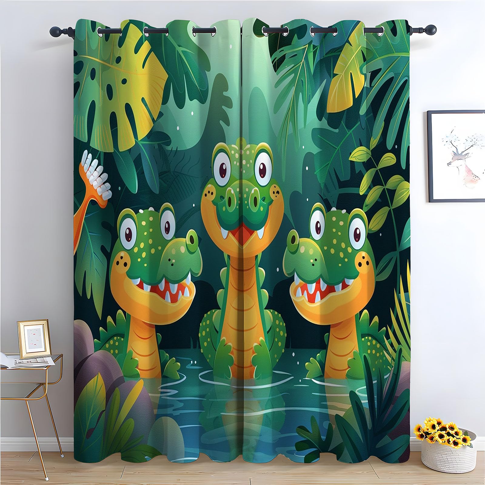 TERUEA Floral Curtains for Living Room Bedroom Green crocodiles jungle pond tropical leaf Urban City Night View Window Curtains-28 W x 63" L (Pack of 2)