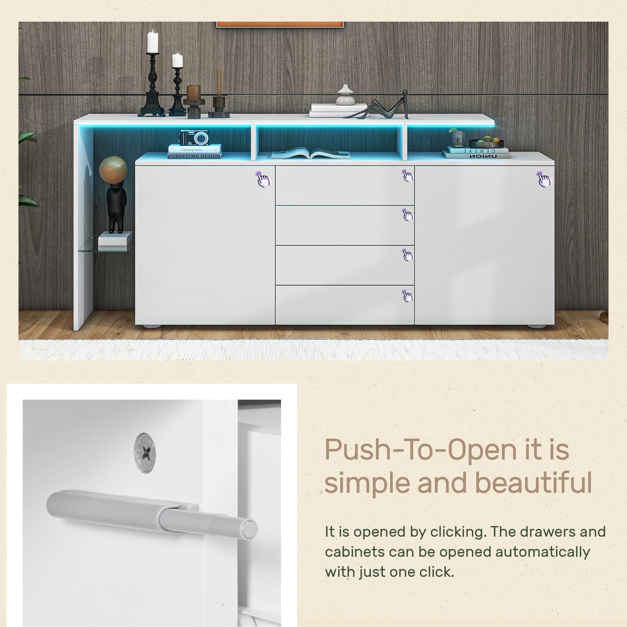 Credenza Soggiorno Moderno Lucida, Credenza Cucina Bianca con LED, Mobile Soggiorno Contenitore Buffet Cucina Salvaspazio con 2 Ante e 4 Cassetti, con Divisori in Vetro, Bianco, 160x35x70cm