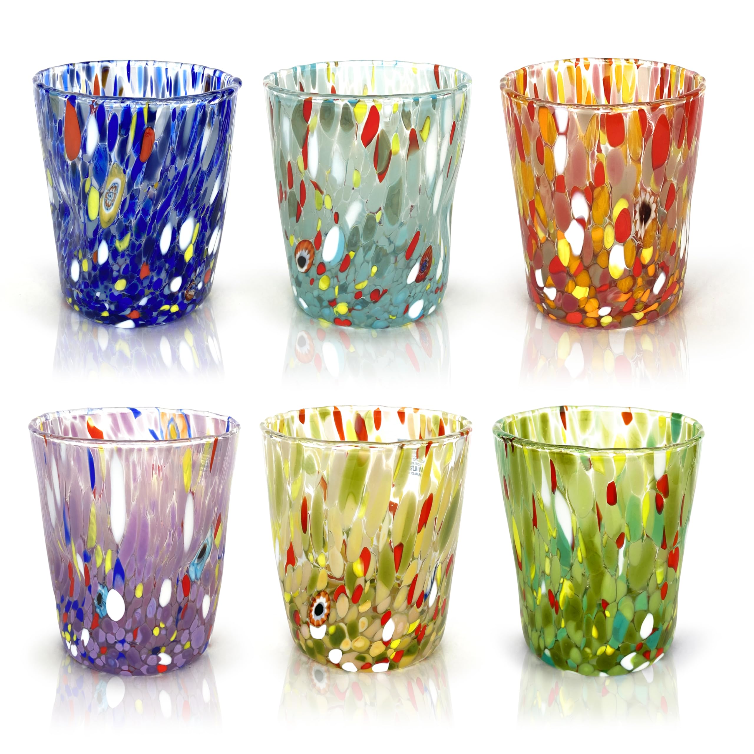 MAZZEGA ART & DESIGN - 6 Goto Tumbler Glasses in Glass Blown and Hand-Crafted with Murrine Murano - I Colori di Murano - Water Tumbler 350 ml. Made in Italy (6, MIX)