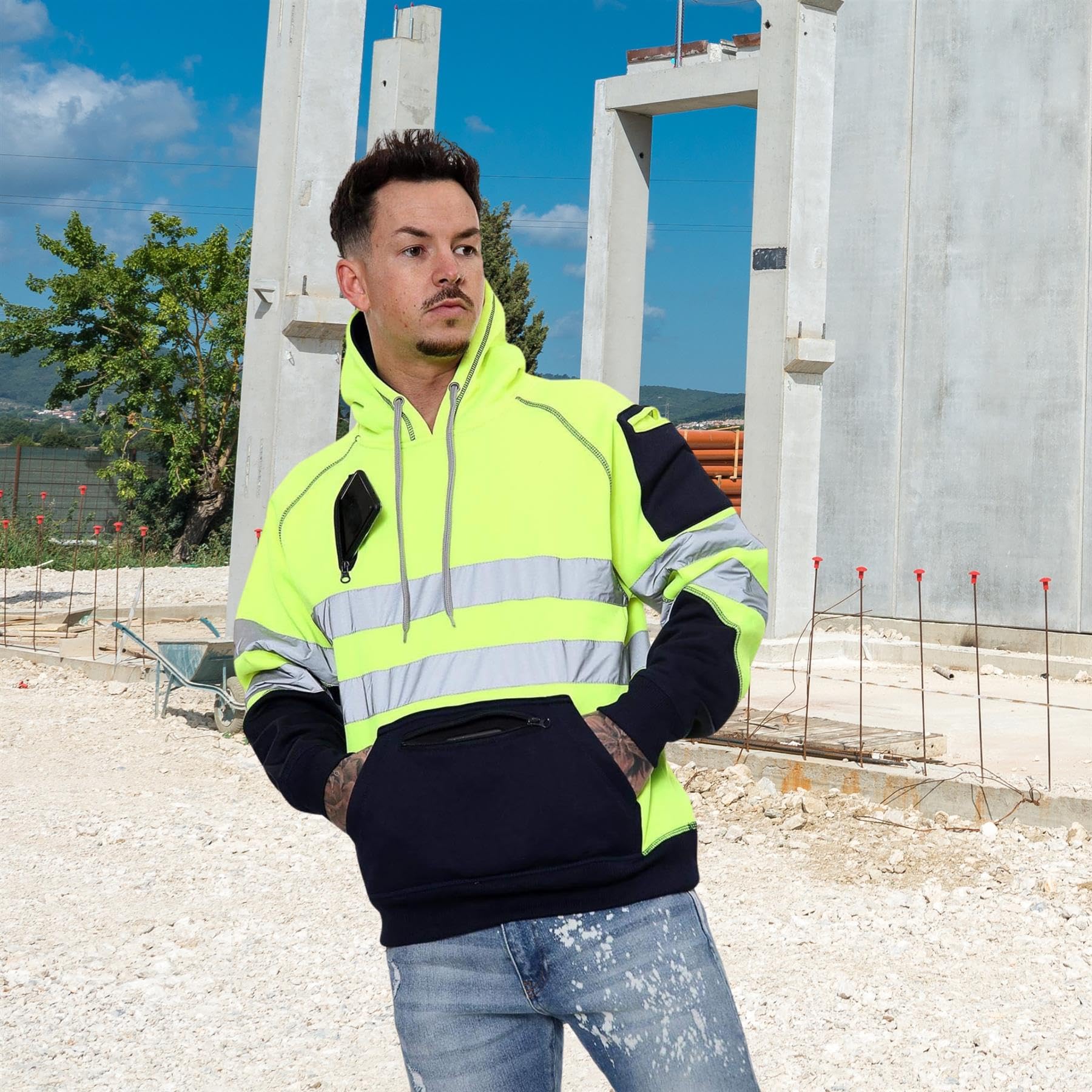 janisramone Męska chłopięca nowa bluza z kapturem odblaskowa widoczność kontrastowa łatka polarowa bluza robocza z kapturem kurtka