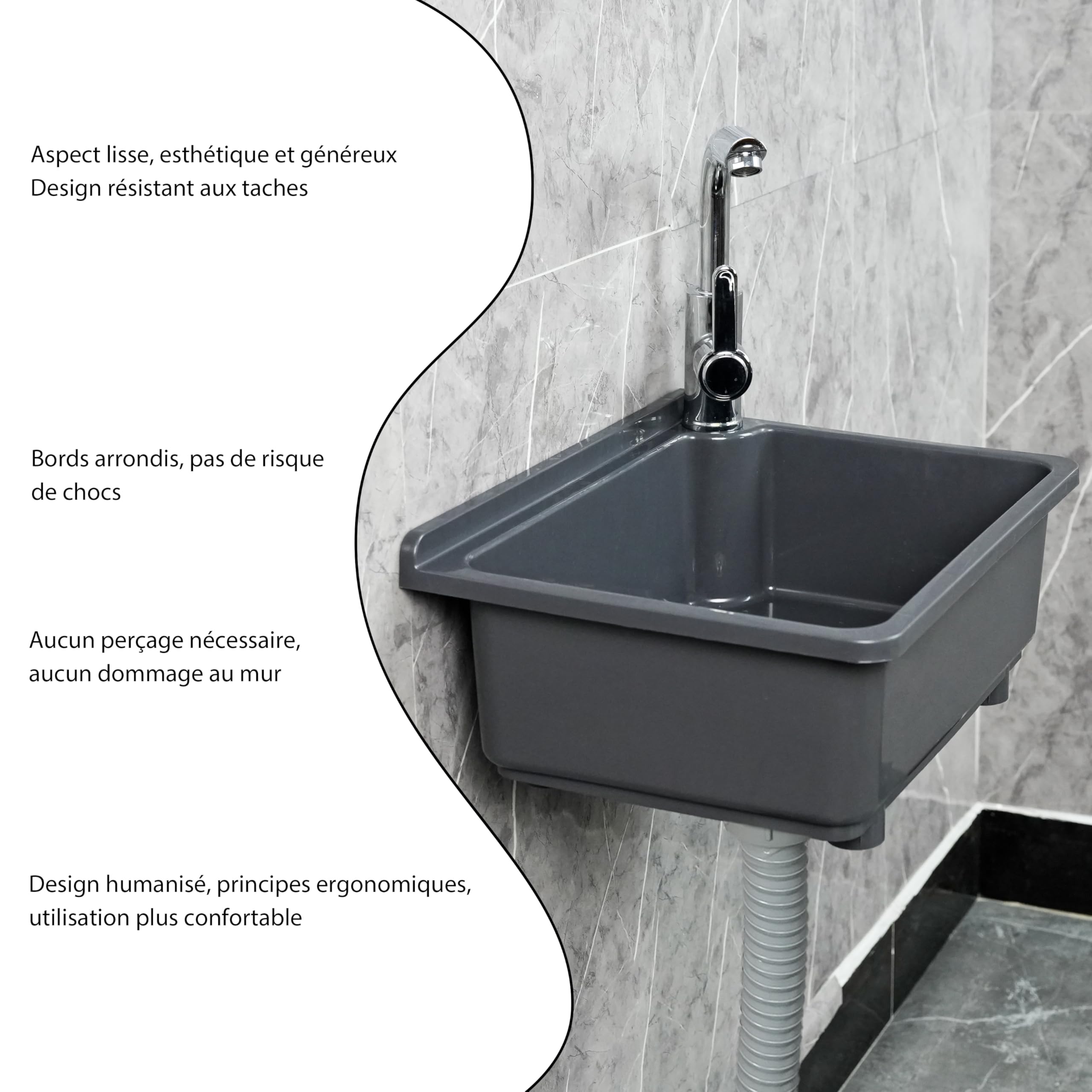 Évier de cuisine utilitaire à cuve unique de 42 x 32 cm avec trou de robinet de 3,2 cm, évier en plastique pour la maison, le restaurant, le dortoir, le garage, la salle de bain, la buanderie (gris