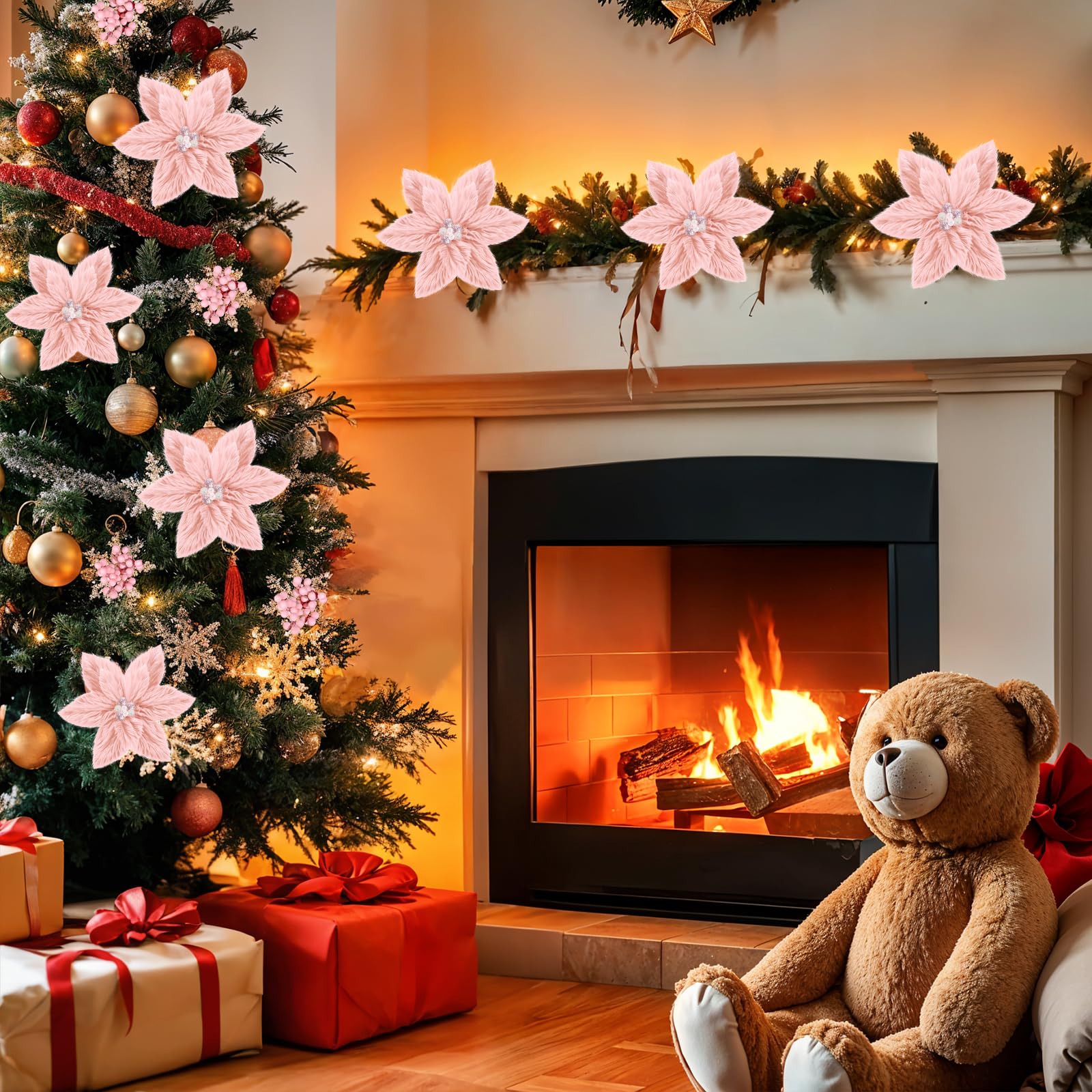 6 púas de árbol de Navidad artificiales de terciopelo rosa, flores de Pascua de Navidad, tallo de Navidad, flores de Pascua de felpa con clips y patrón de búfalo de bayas, adorno para decoración de