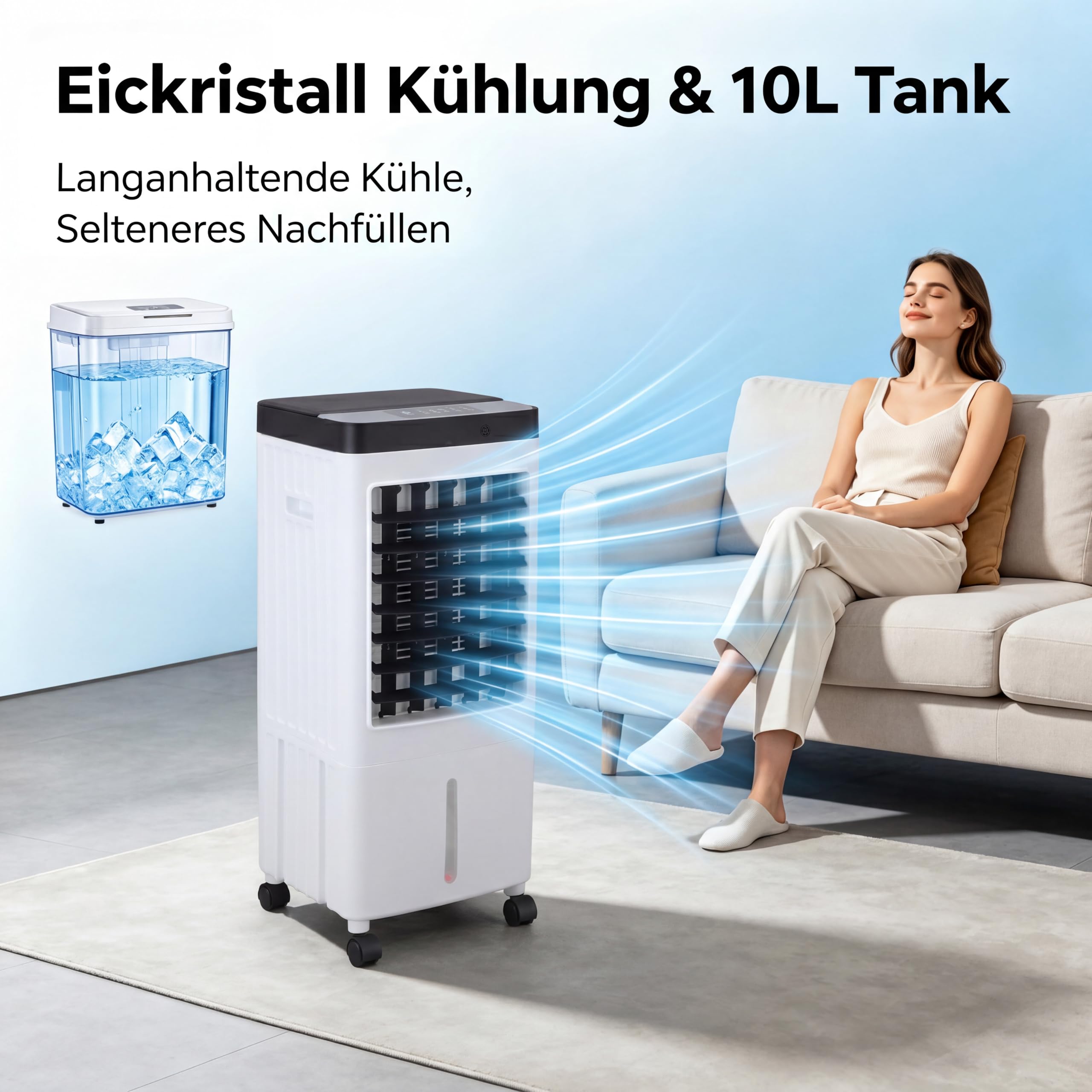 Verdunstungsluftkühler Mobiler Klimagerät Ohne Abluftschlauch | 10L Wassertank, 3 Geschwindigkeiten, Fernbedienung, 7h Timer, Oszillation, Energiesparend für Wohnzimmer Büro Schlafzimmer