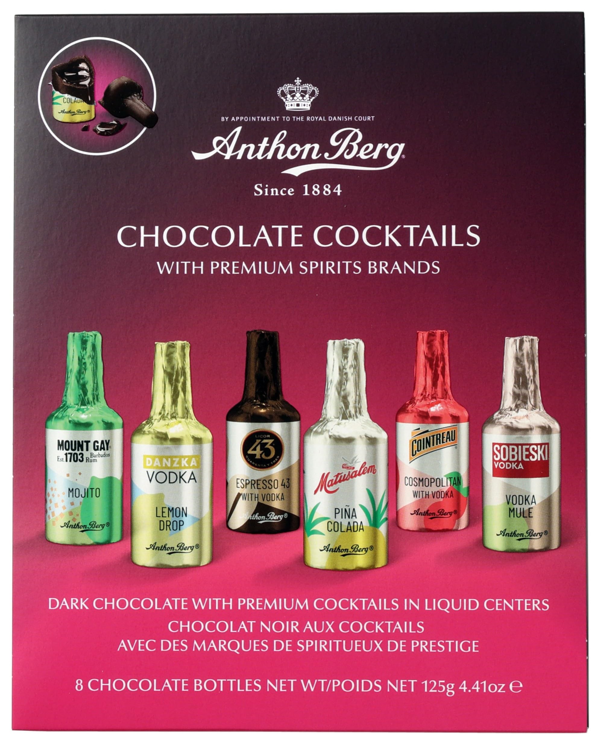 Anthon Berg 8 Dark Chocolate Cocktails, Famous Spirits with a Delicious Liquid Filling, 125 g (Pack of 1)