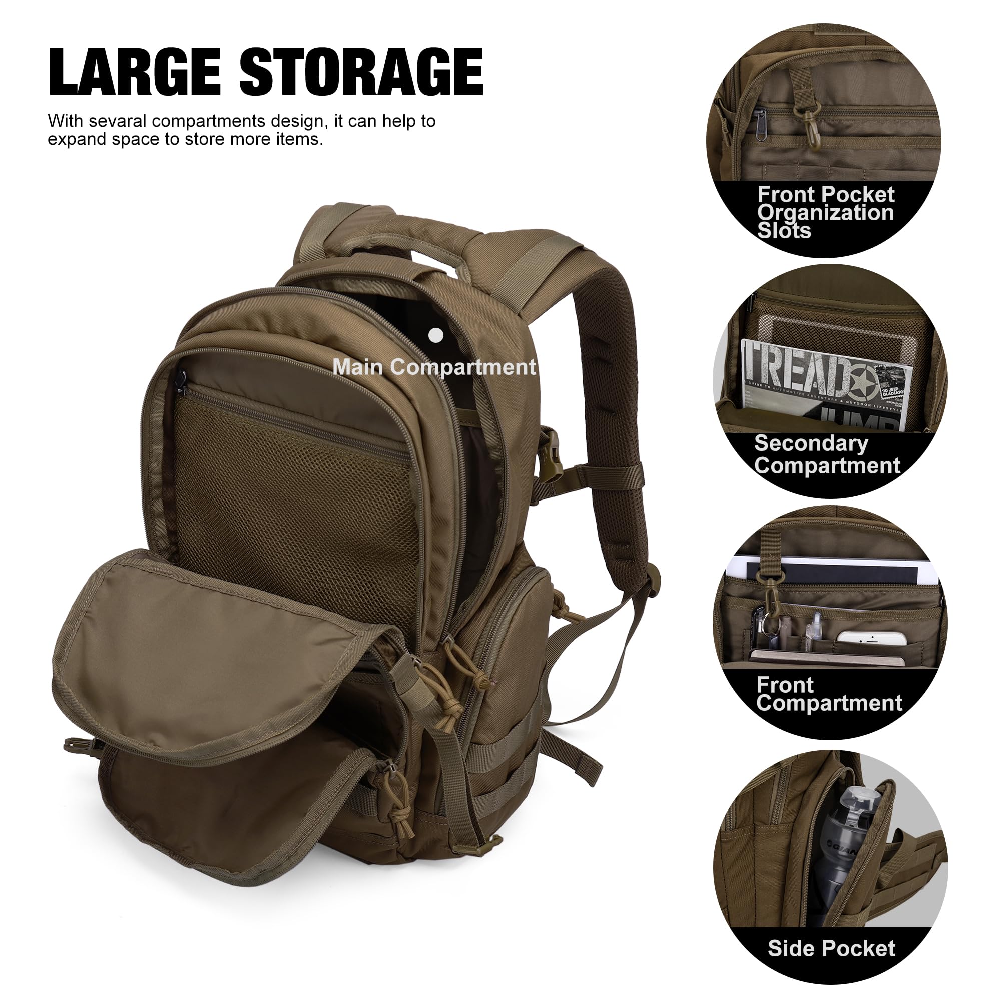 Mardingtop plecak taktyczny z systemem Molle, 25 l / 40 l, plecak wojskowy dla dorosłych, szturmowy plecak trekkingowy, na zewnątrz, na wędrówki, kemping, polowanie, podróż New Khaki-25l 25L