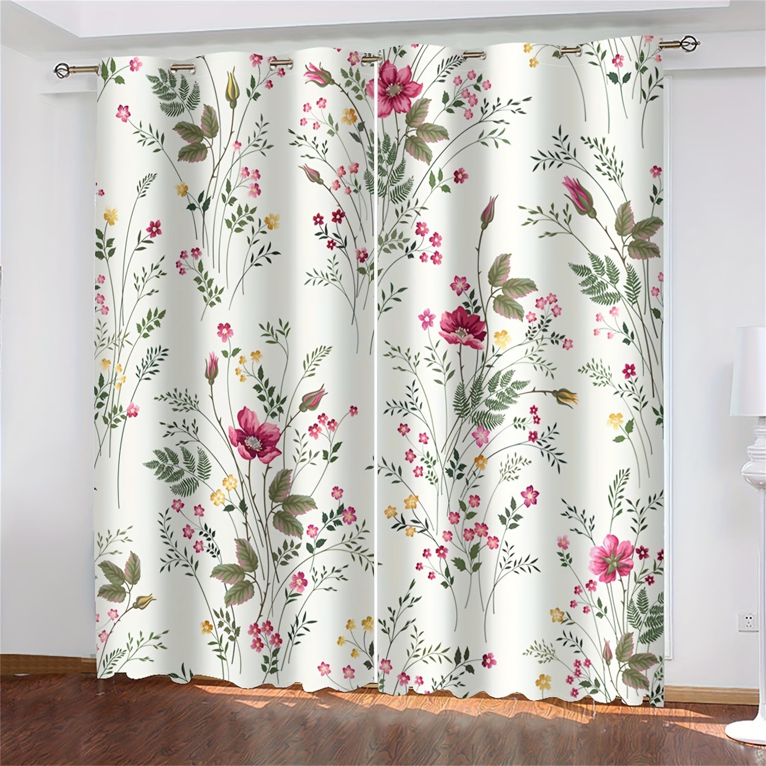 SMXVRC Boho Plant Light Blocking Window Drapes Spring Lisianthus Flower Window Treatment Noise Reducing Protecting Privacy Grommet Curtain Drapes for Home Living Room, W66 x L90 x 2 Panels