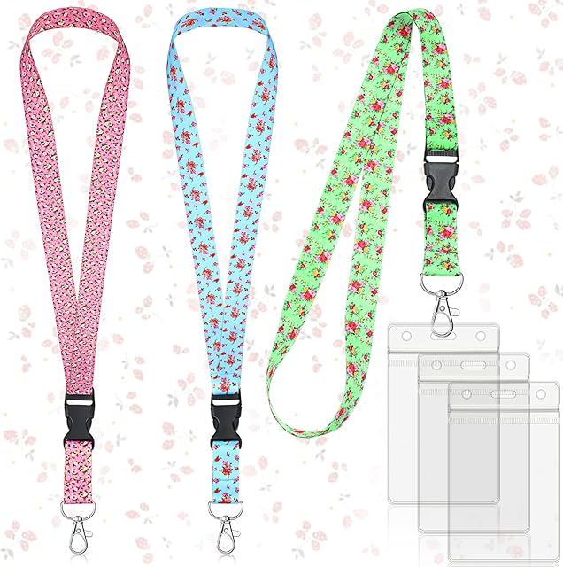 3 Set Lanyard with Card Holder ID Holder Lanyard with Waterproof PVC Card Holder Neck Strap Lanyard for Women Teachers Office School Girls Supplies (Flowers)